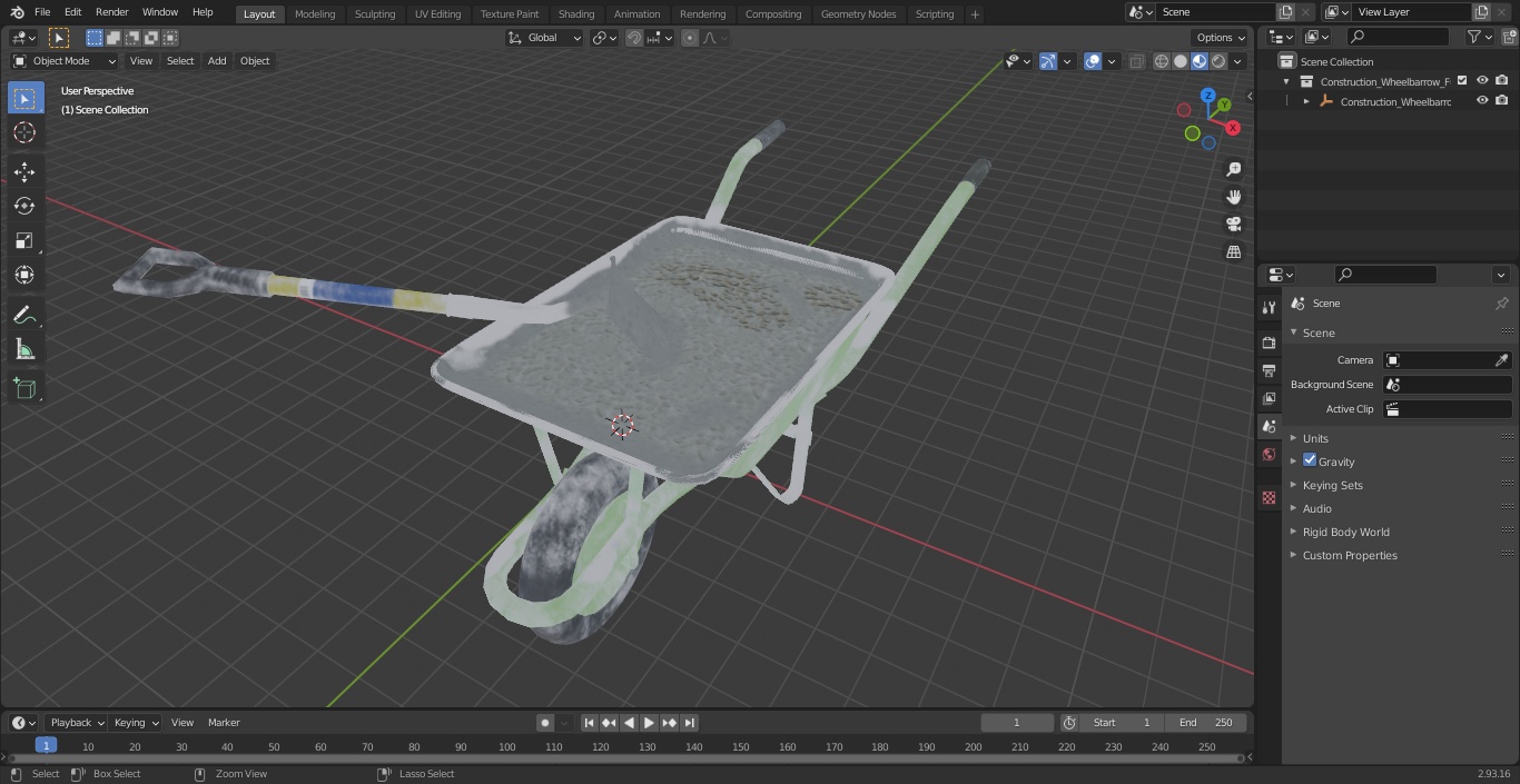 3D Construction Wheelbarrow Full of Cement with Shovel