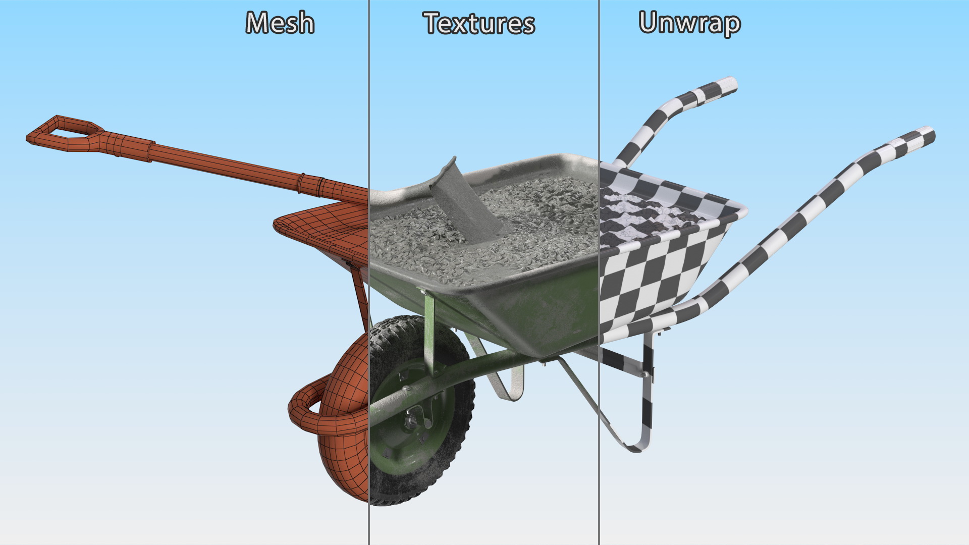 3D Construction Wheelbarrow Full of Cement with Shovel