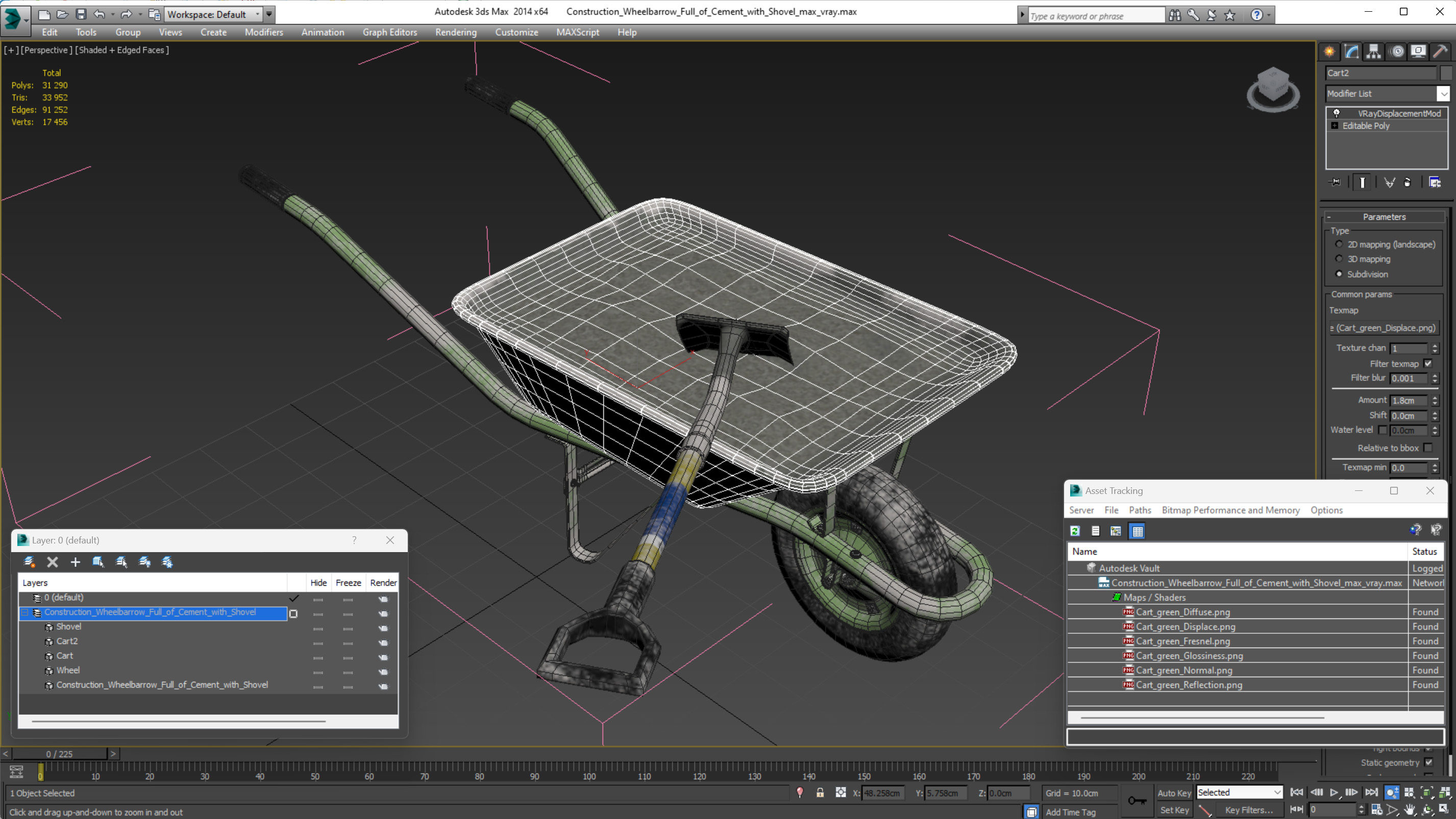 3D Construction Wheelbarrow Full of Cement with Shovel