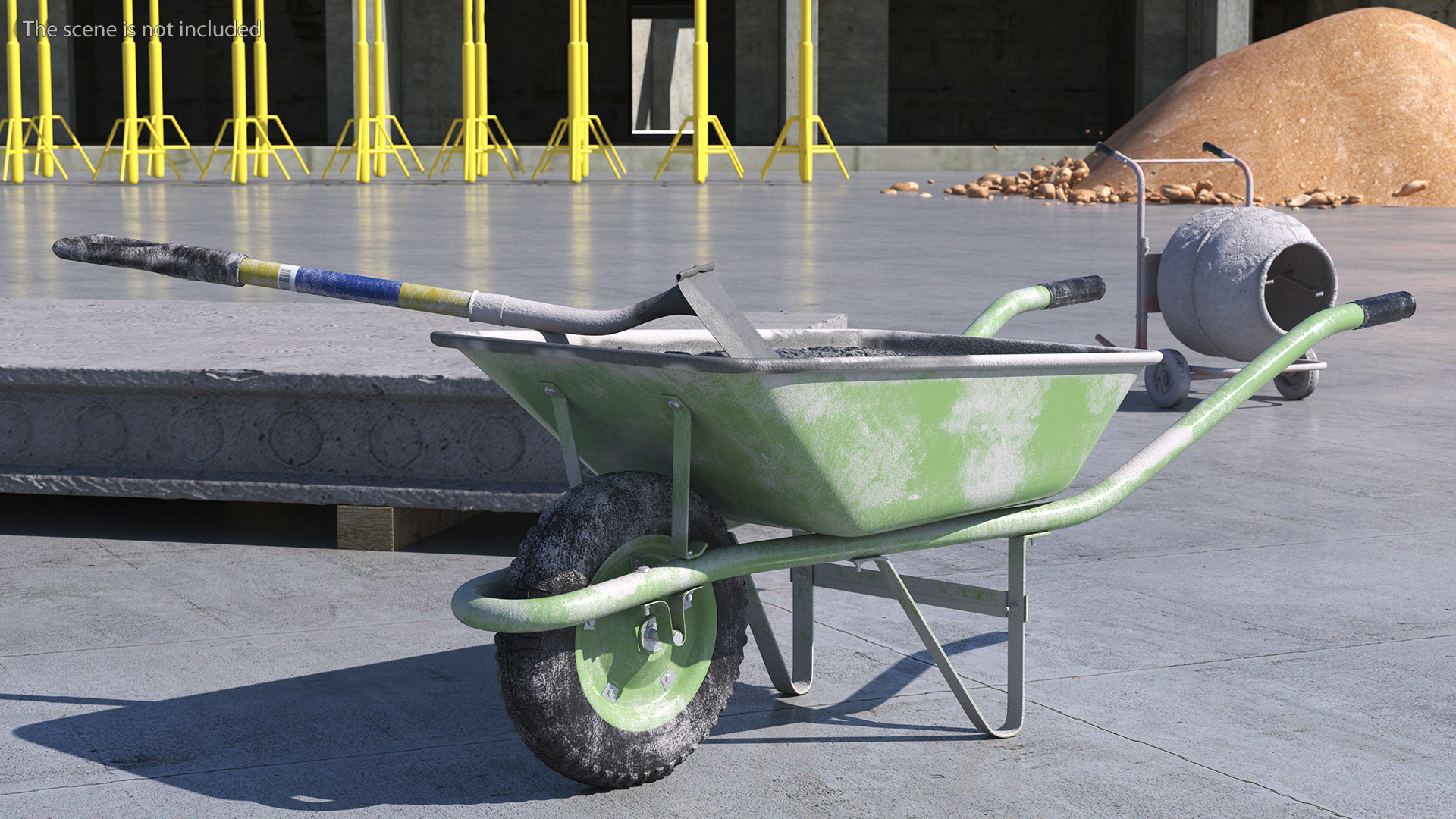 3D Construction Wheelbarrow Full of Cement with Shovel