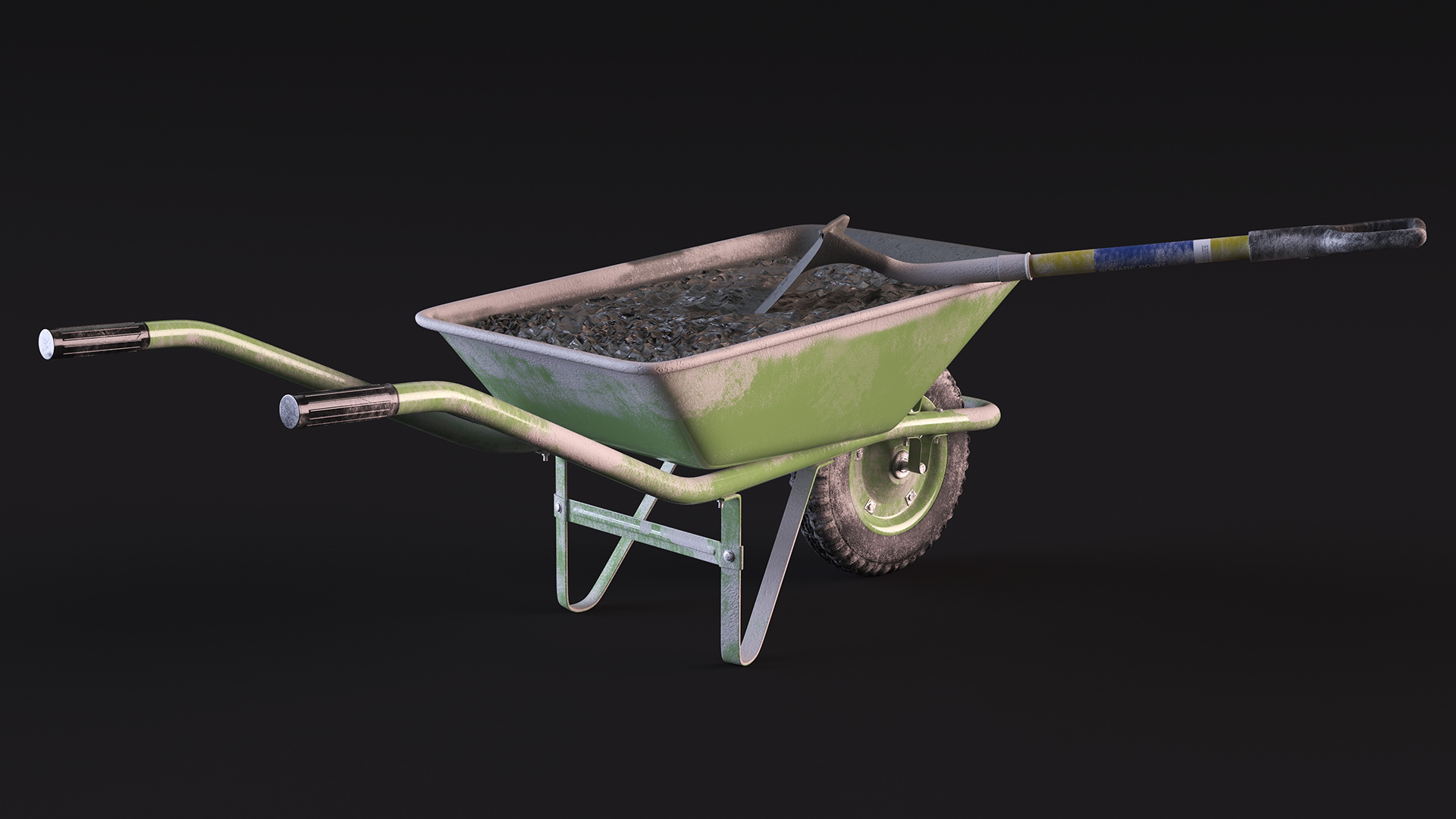 3D Construction Wheelbarrow Full of Cement with Shovel