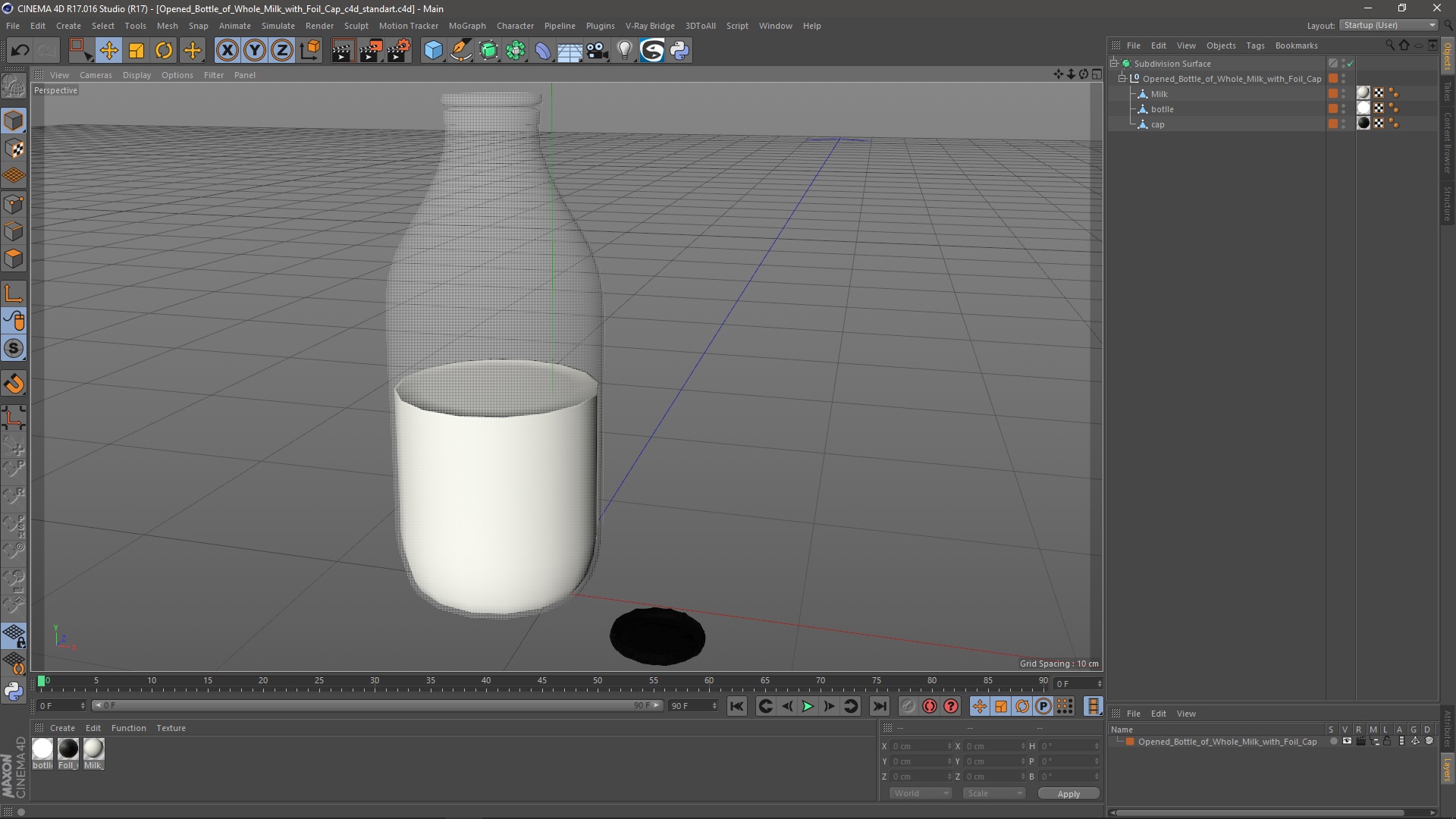 3D Opened Bottle of Whole Milk with Foil Cap