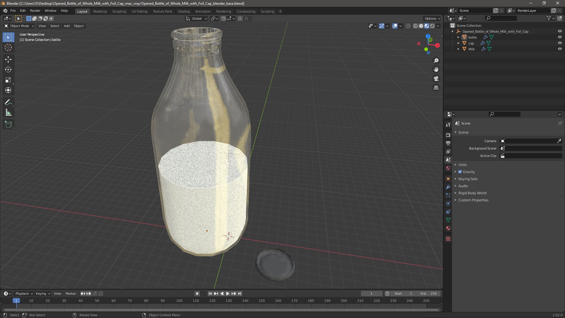 3D Opened Bottle of Whole Milk with Foil Cap