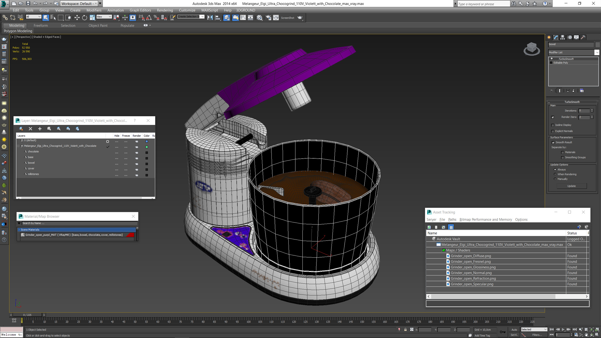 Melangeur Elgi Ultra Chocogrind 110V Violett with Chocolate 3D model