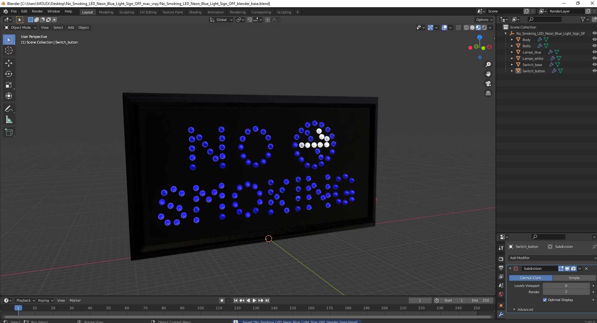 No Smoking LED Neon Blue Light Sign OFF 3D model