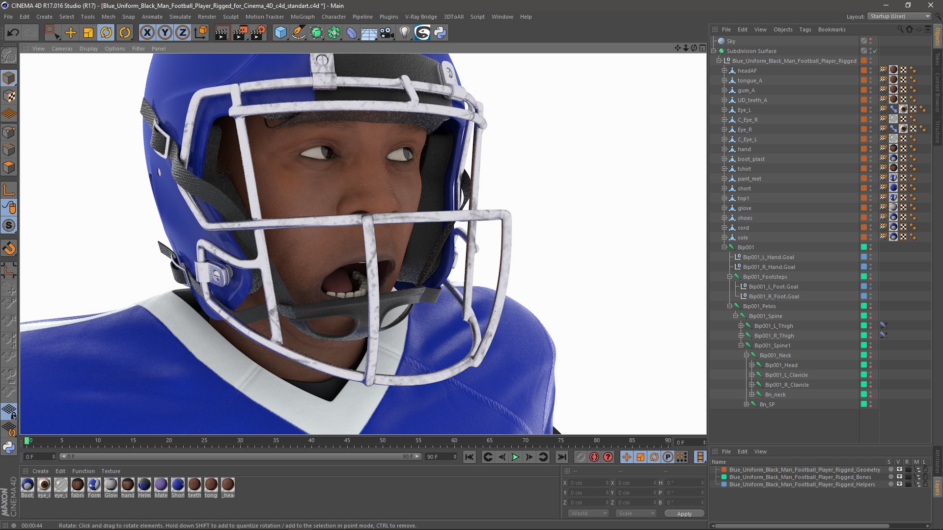 Blue Uniform Black Man Football Player Rigged for Cinema 4D 3D model