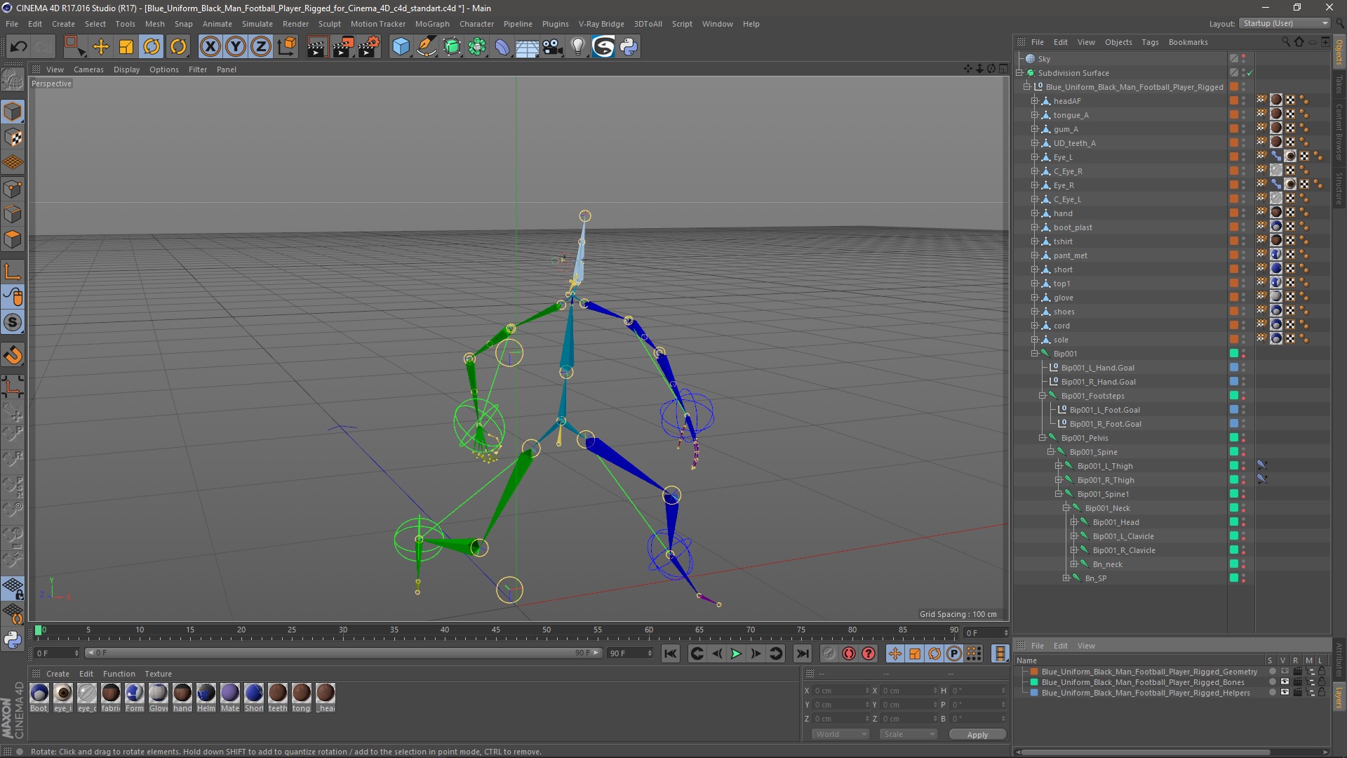 Blue Uniform Black Man Football Player Rigged for Cinema 4D 3D model