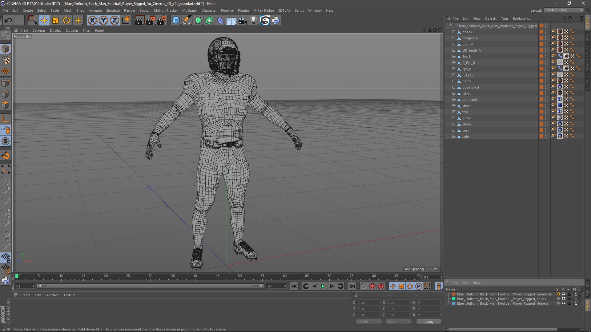 Blue Uniform Black Man Football Player Rigged for Cinema 4D 3D model