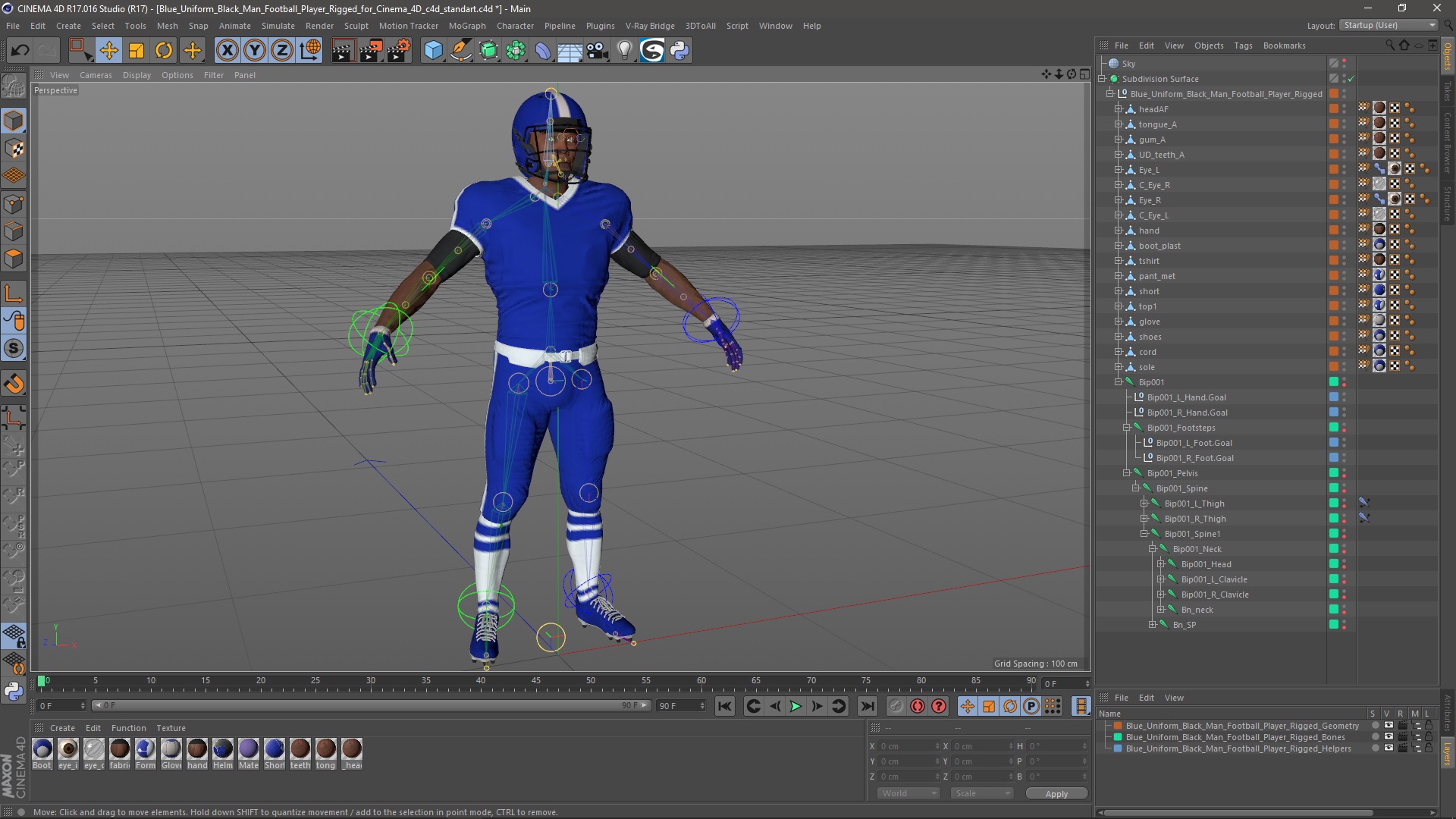Blue Uniform Black Man Football Player Rigged for Cinema 4D 3D model