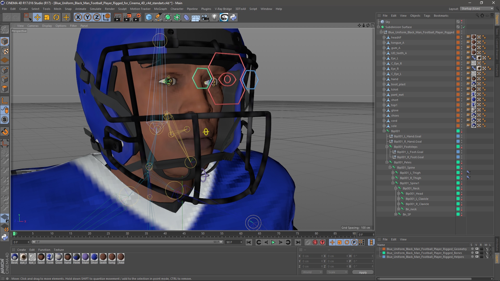 Blue Uniform Black Man Football Player Rigged for Cinema 4D 3D model
