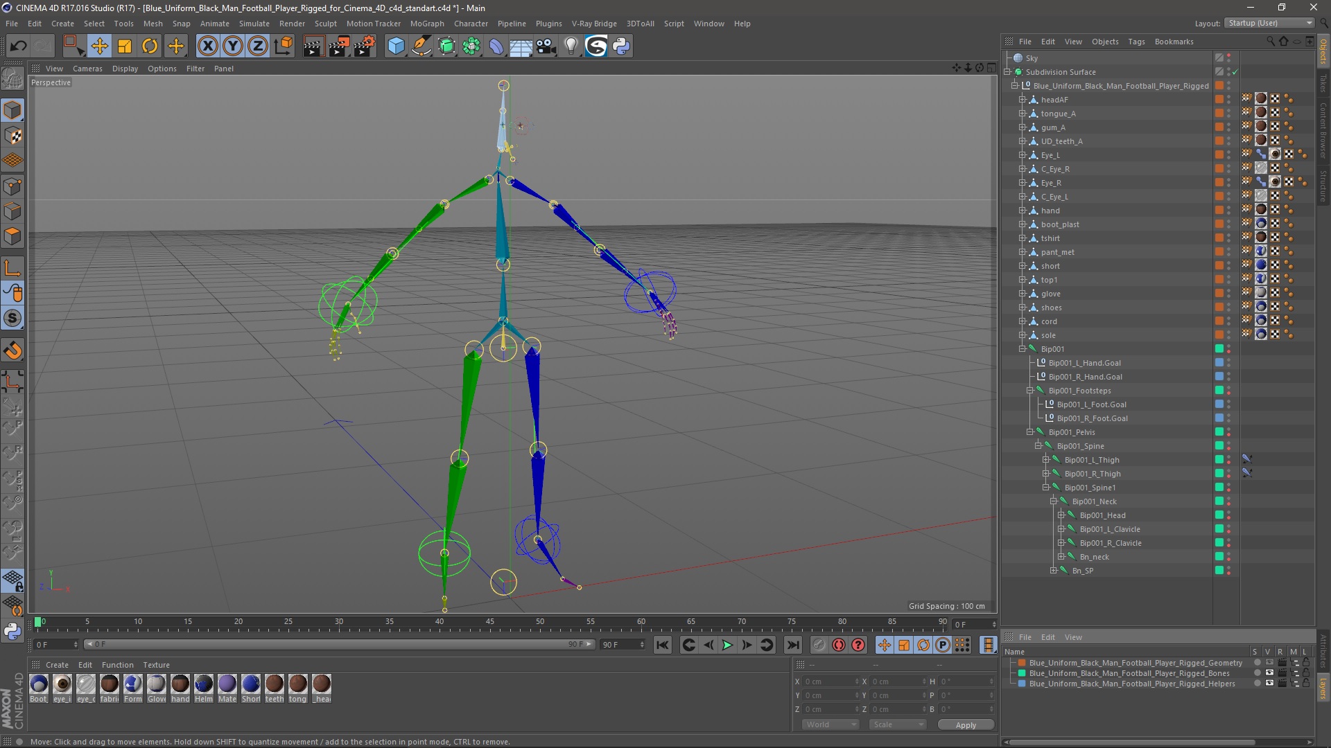 Blue Uniform Black Man Football Player Rigged for Cinema 4D 3D model