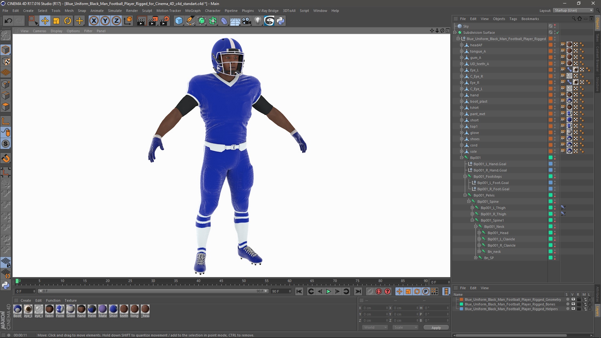Blue Uniform Black Man Football Player Rigged for Cinema 4D 3D model