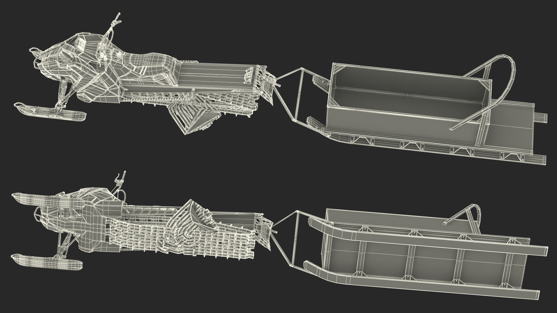 3D model Snowmobile whith Box Freight Sled Rigged