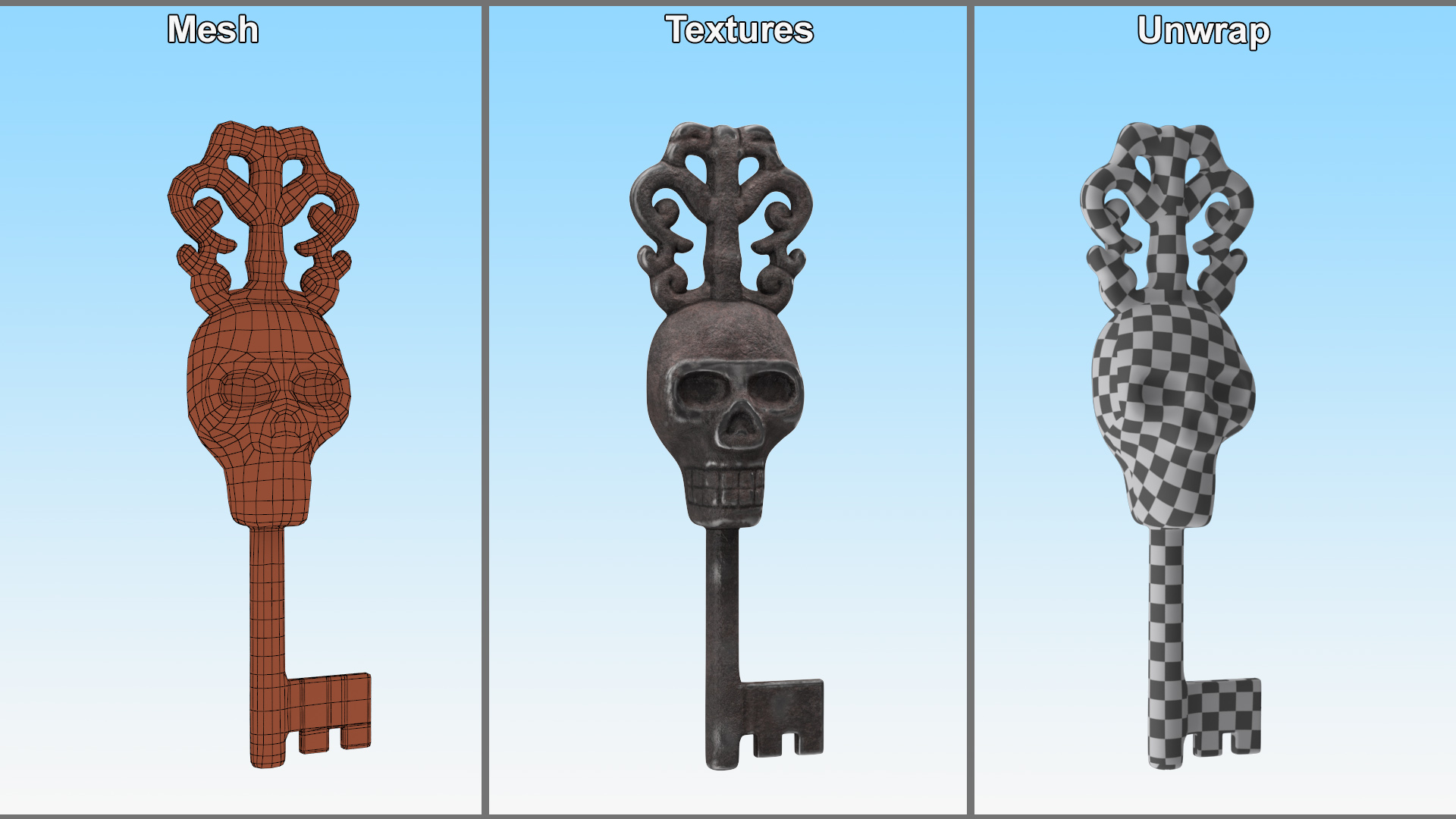 Ornate Skull Gothic Key Steel 3D model