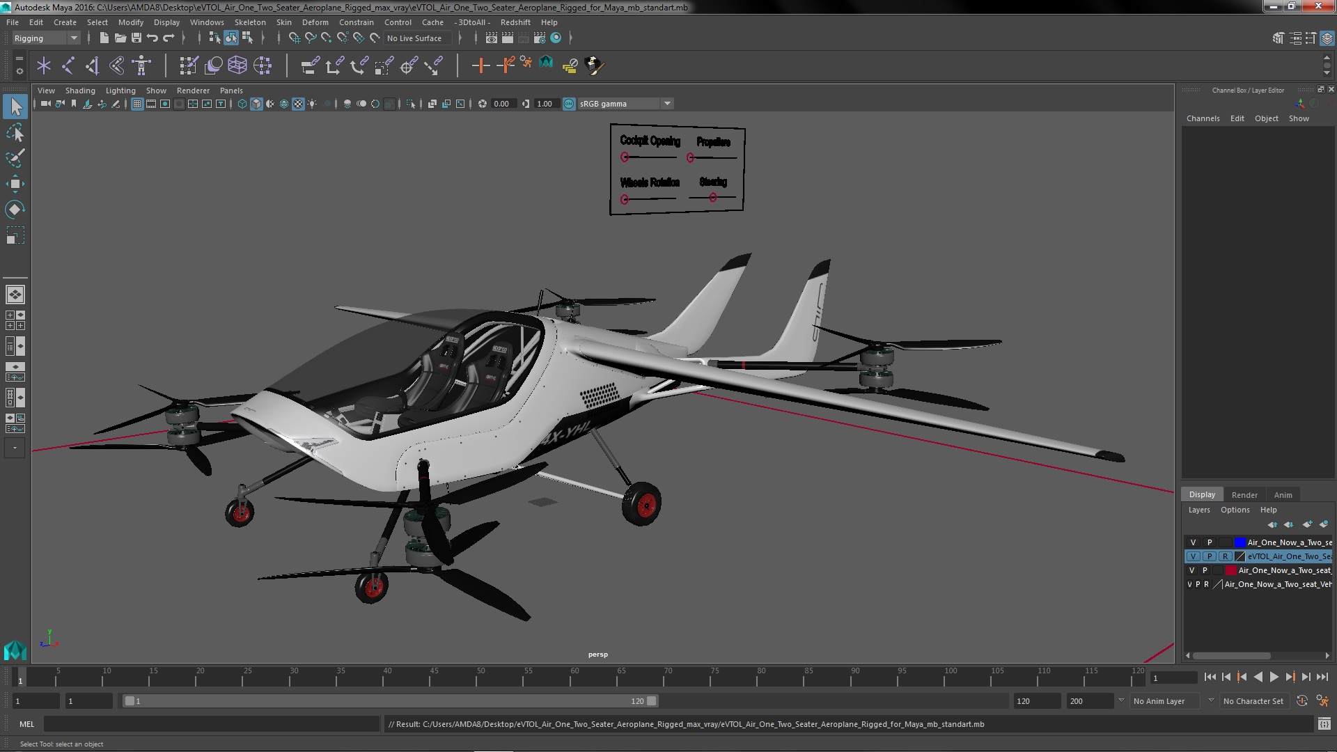 3D model eVTOL Air One Two Seater Aeroplane Rigged for Maya
