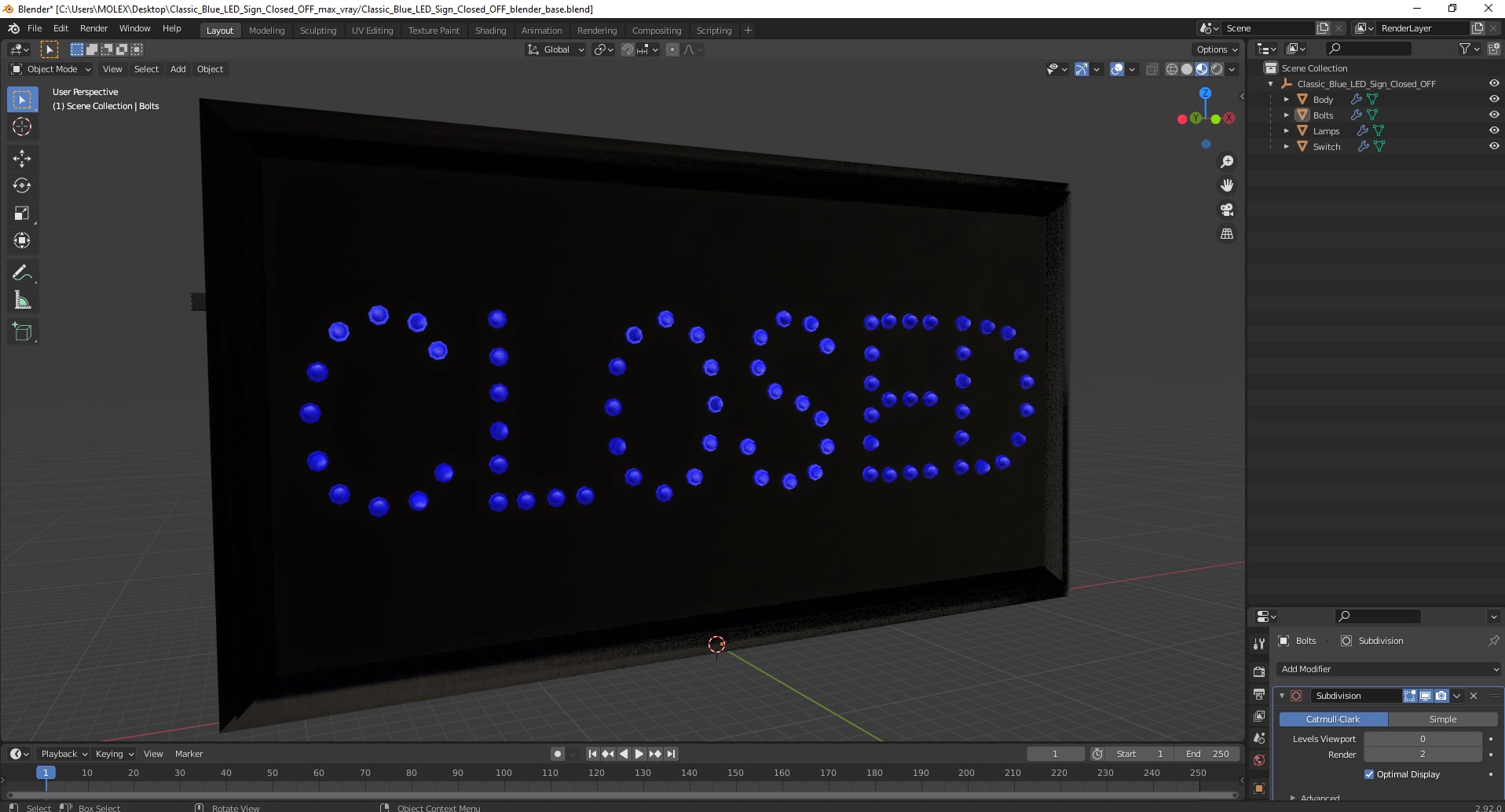 Classic Blue LED Sign Closed OFF 3D