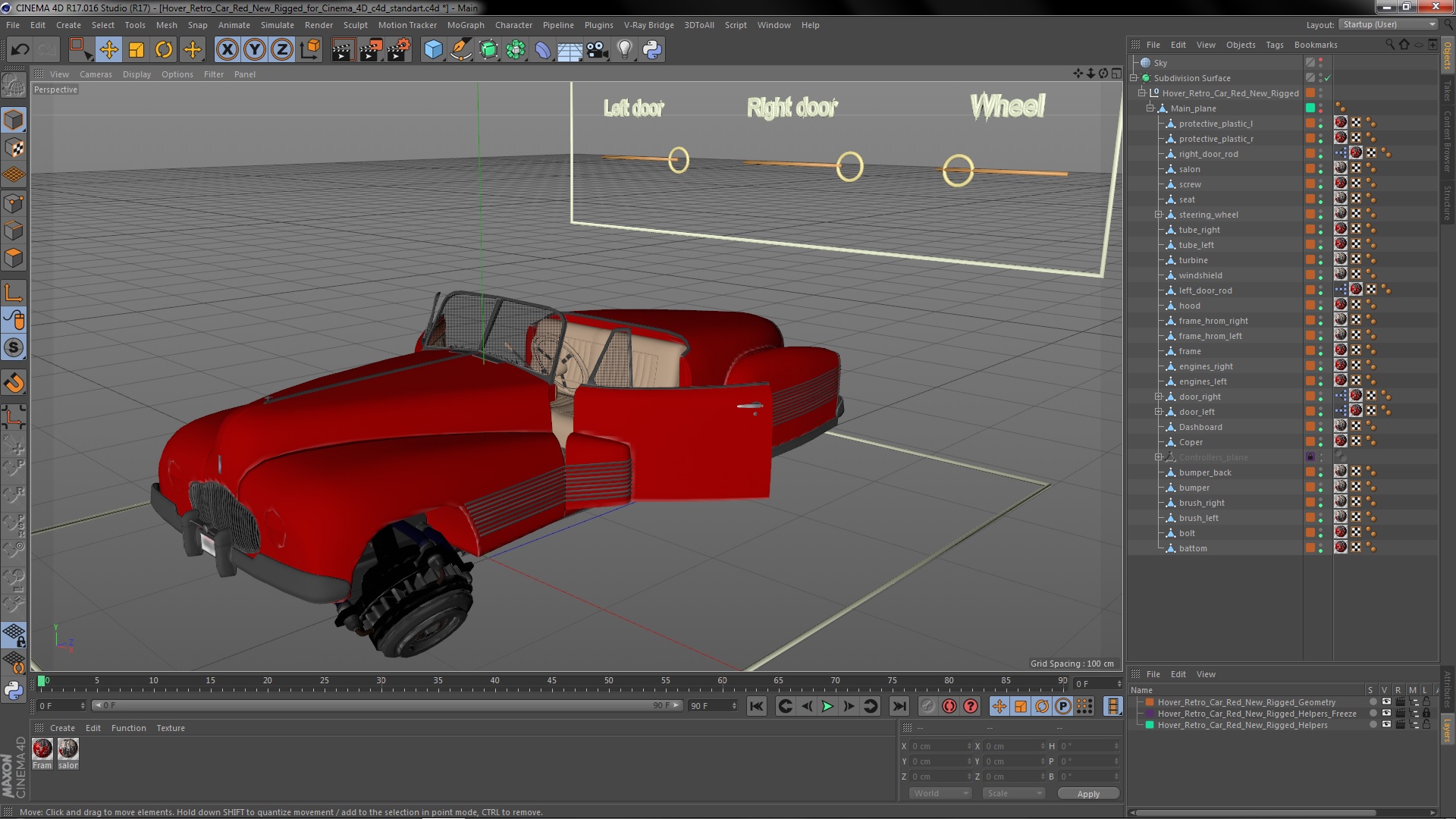 Hover Retro Car Red New Rigged for Cinema 4D 3D model
