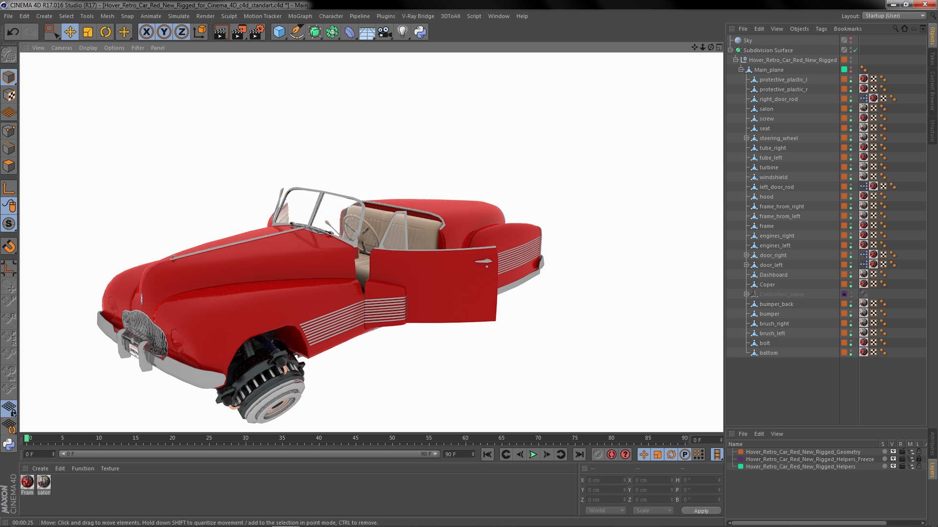 Hover Retro Car Red New Rigged for Cinema 4D 3D model