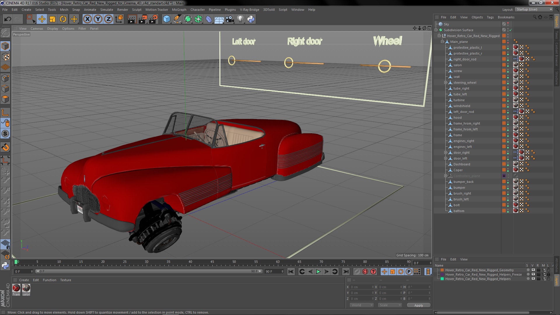 Hover Retro Car Red New Rigged for Cinema 4D 3D model