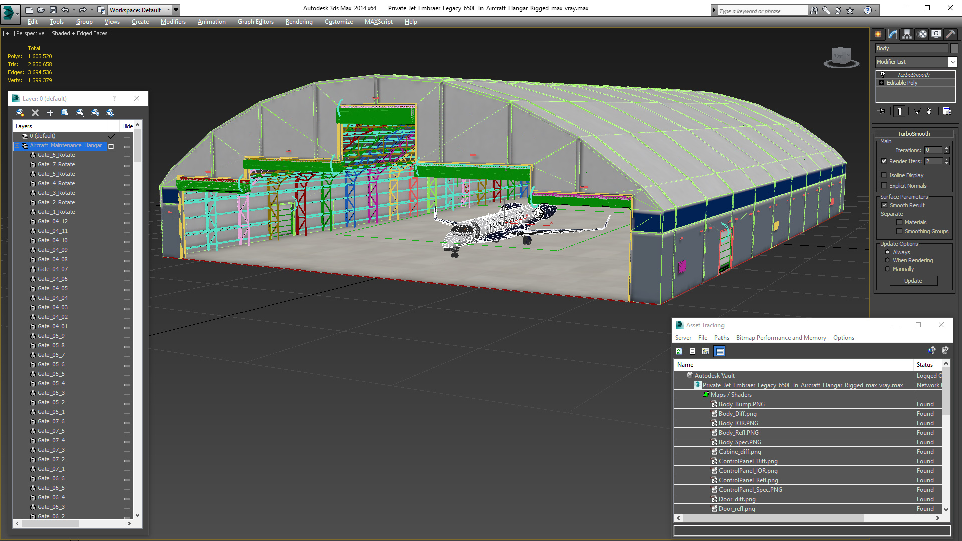 Private Jet Embraer Legacy 650E In Aircraft Hangar Rigged 3D