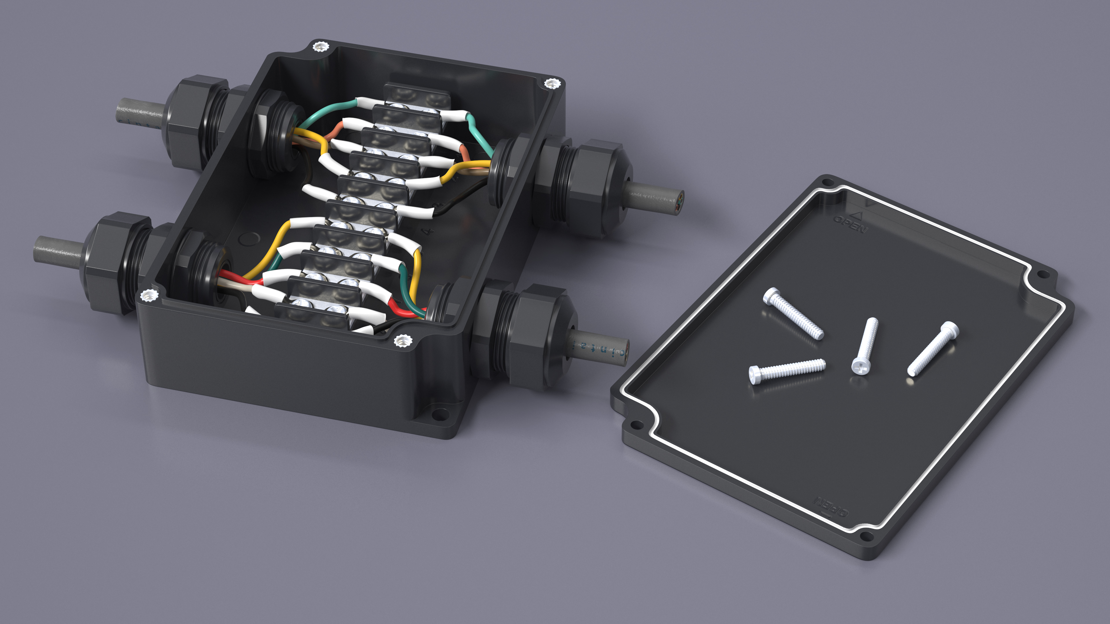 3D Black Junction Box with 4 Wires