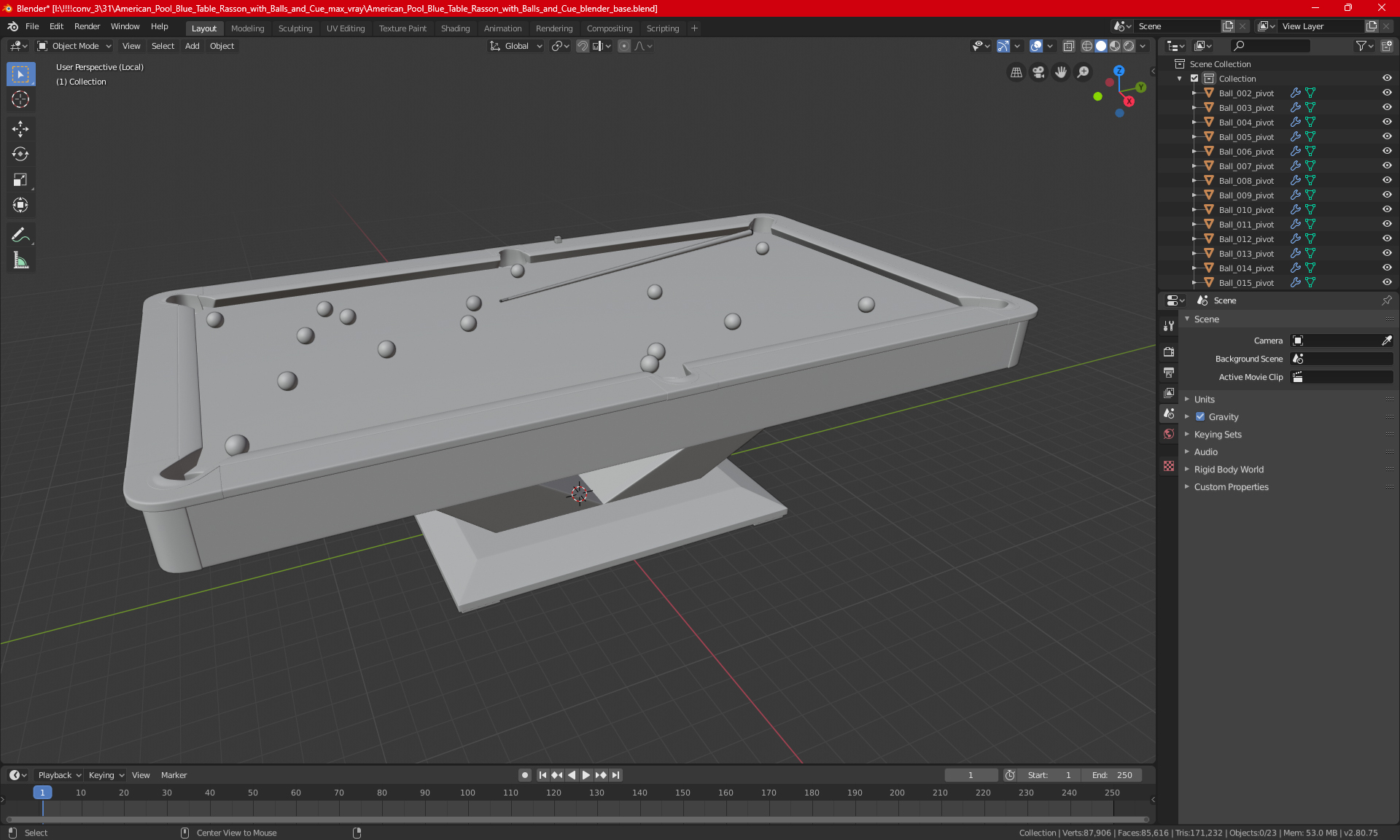 Billiards Black Table Rasson with Balls and Cue 3D