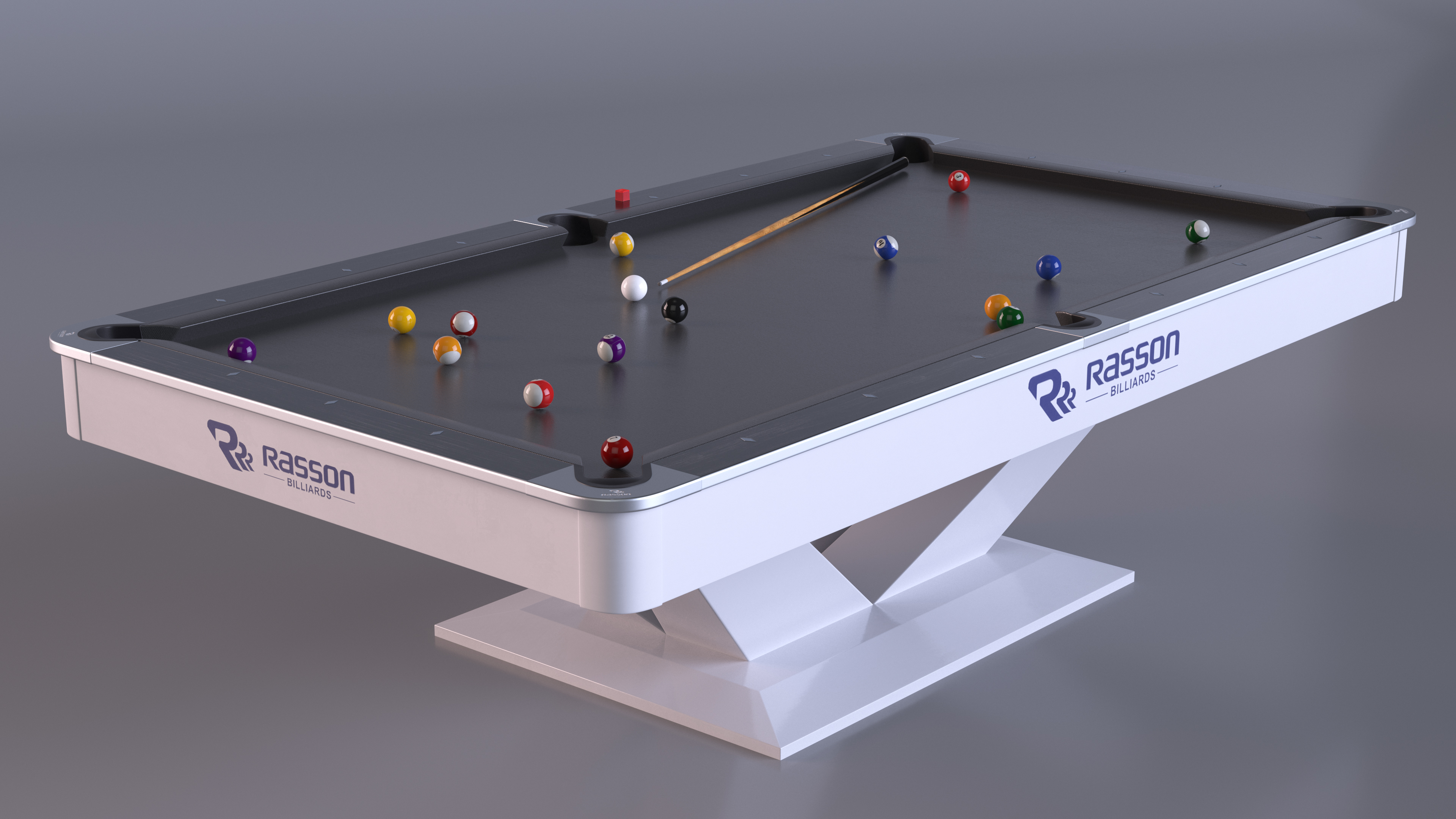 Billiards Black Table Rasson with Balls and Cue 3D