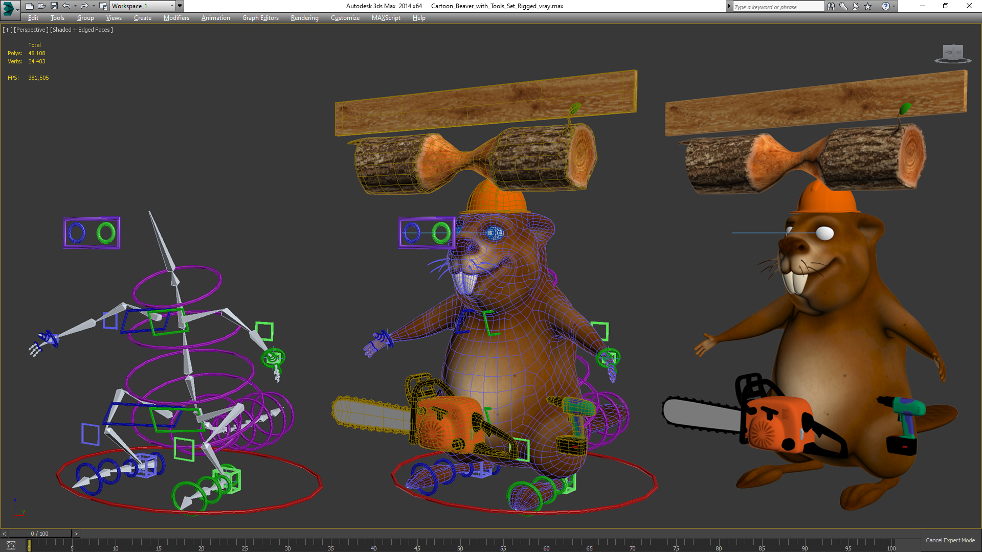 3D Cartoon Beaver with Tools Set Rigged