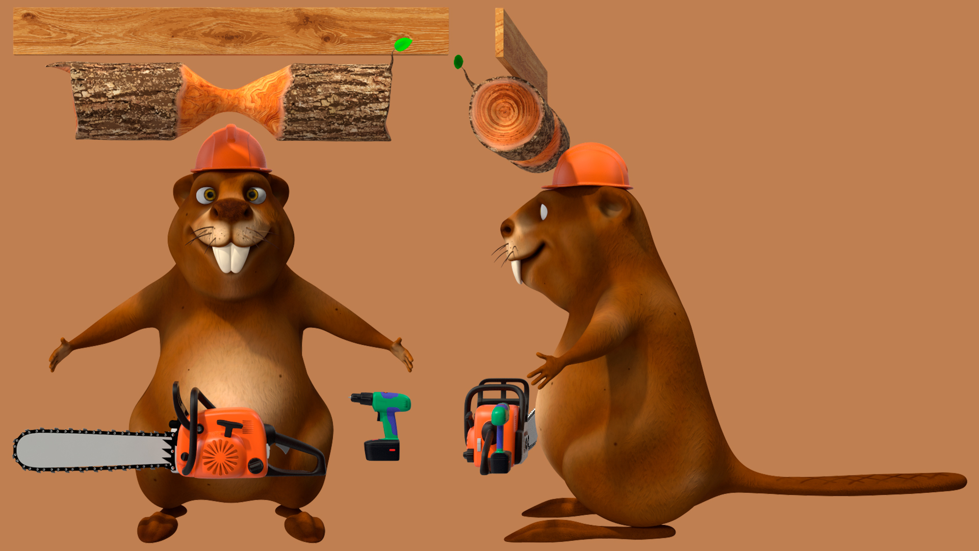 3D Cartoon Beaver with Tools Set Rigged