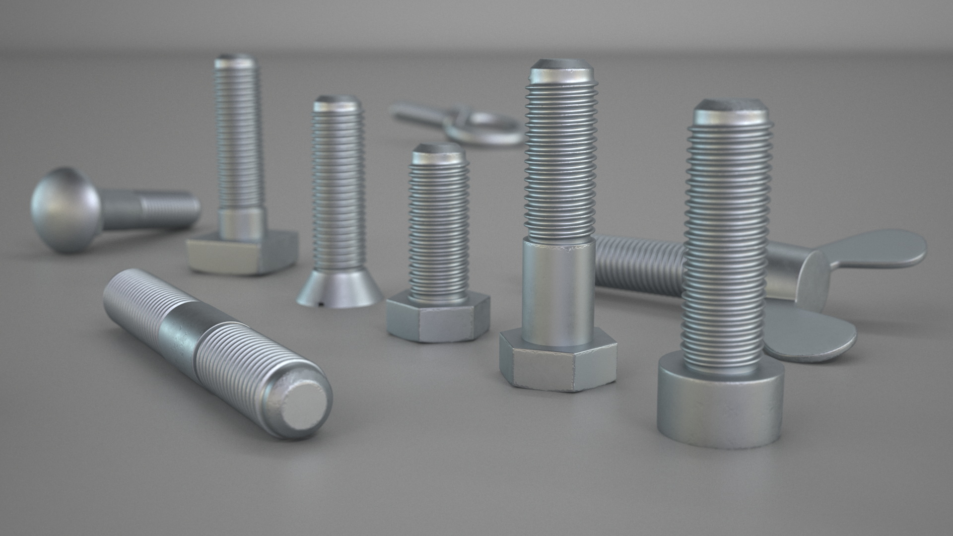3D Galvanized Steel Nut and Bolt Set model