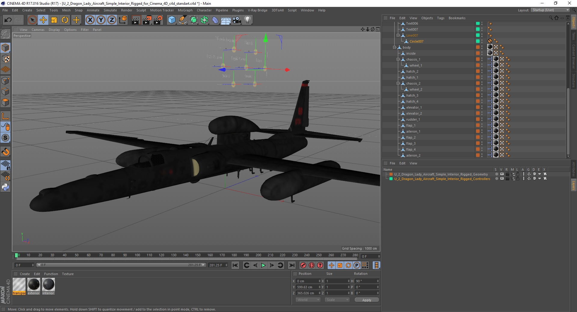 3D U_2 Dragon Lady Aircraft Simple Interior Rigged for Cinema 4D