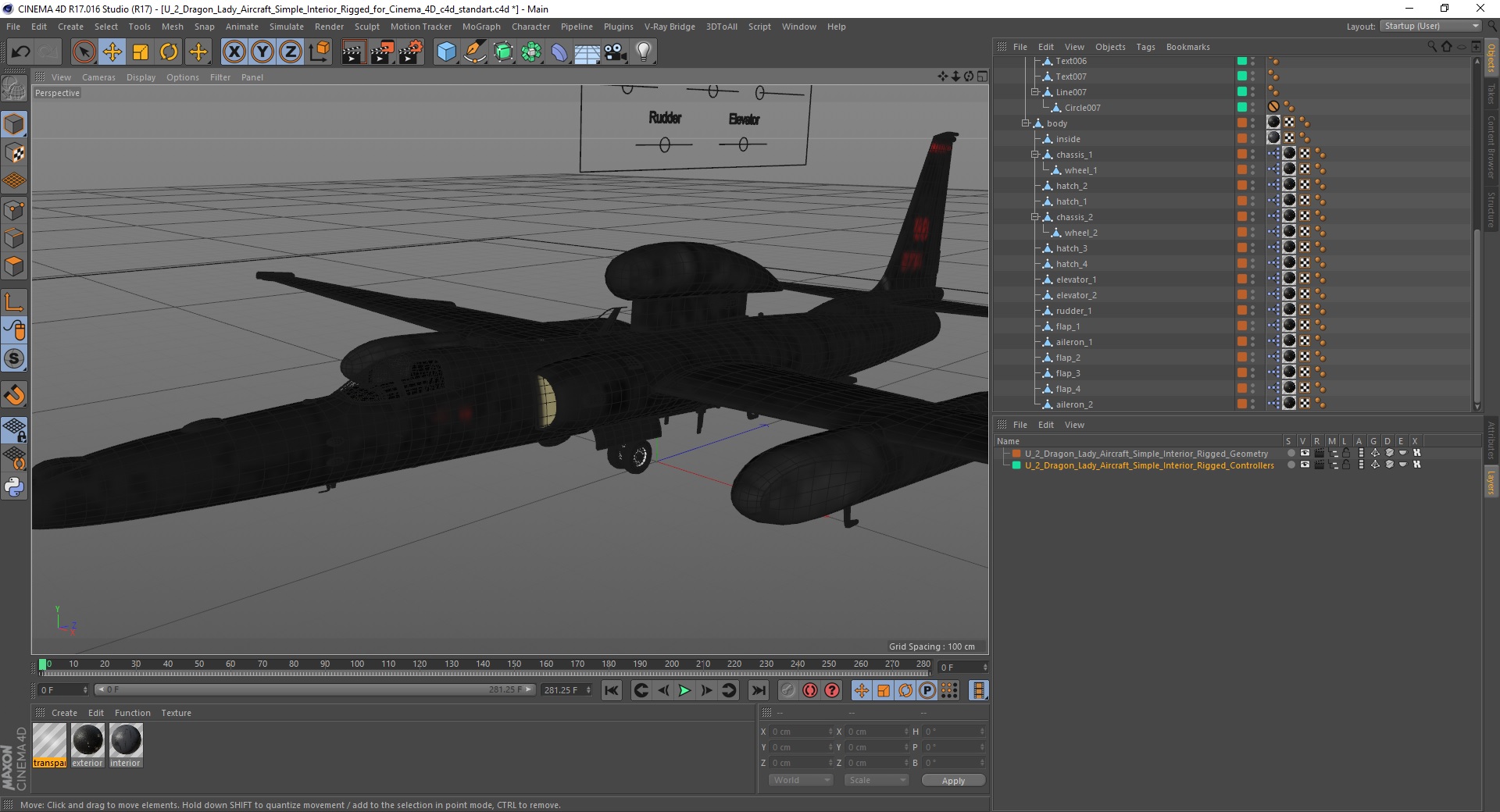 3D U_2 Dragon Lady Aircraft Simple Interior Rigged for Cinema 4D