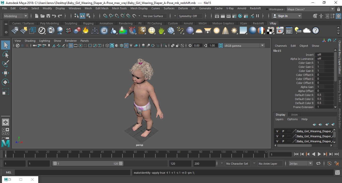 3D Baby Girl Wearing Diaper A-Pose