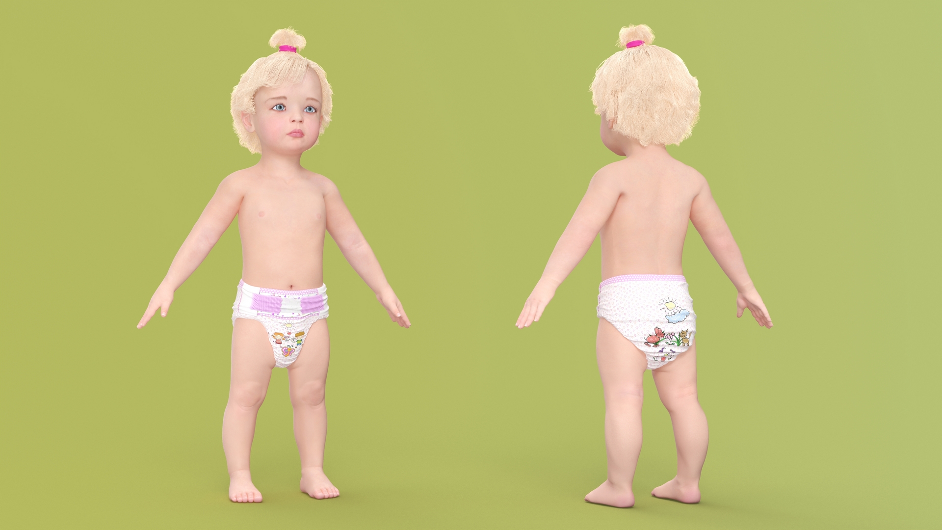 3D Baby Girl Wearing Diaper A-Pose