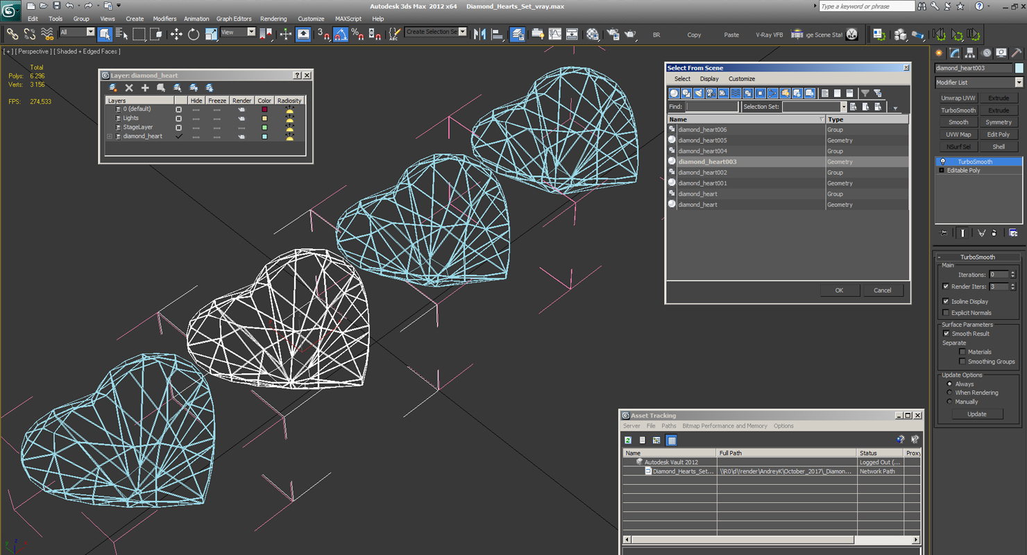 3D Diamond Hearts Set model