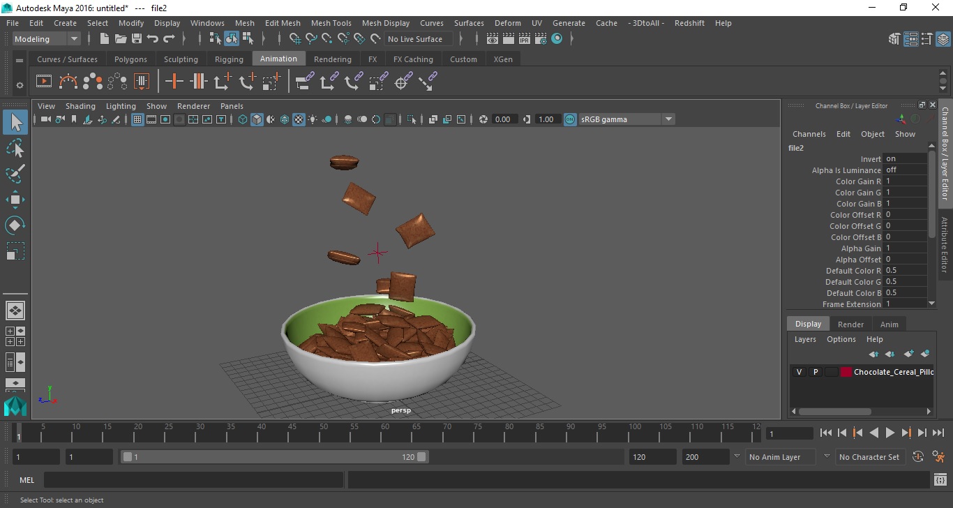 Chocolate Cereal Pillows Falling into Bowl 3D