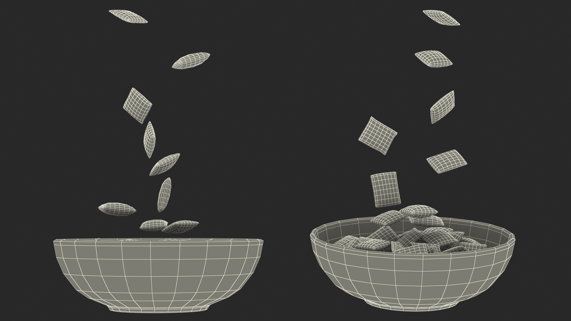 Chocolate Cereal Pillows Falling into Bowl 3D