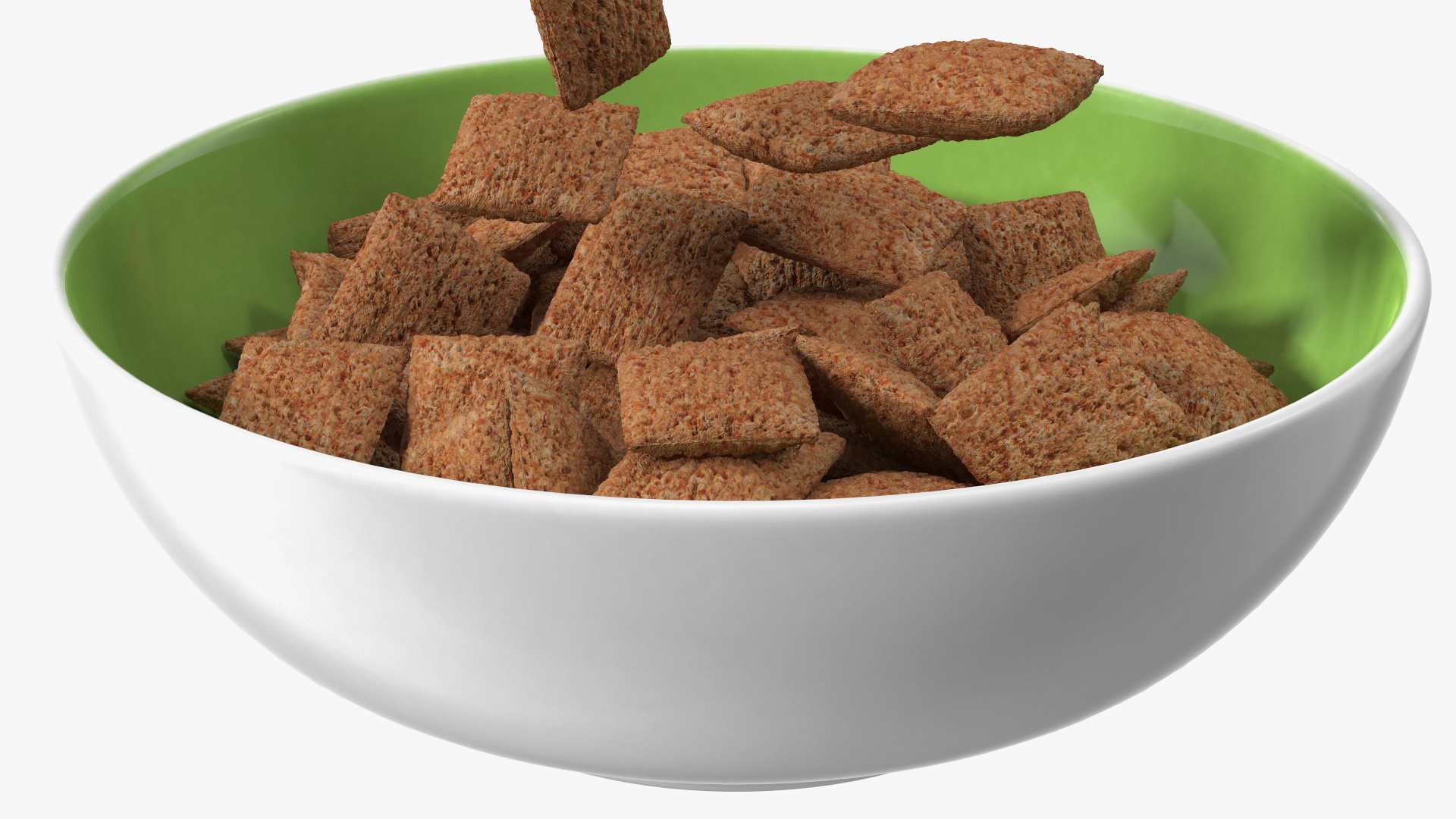 Chocolate Cereal Pillows Falling into Bowl 3D