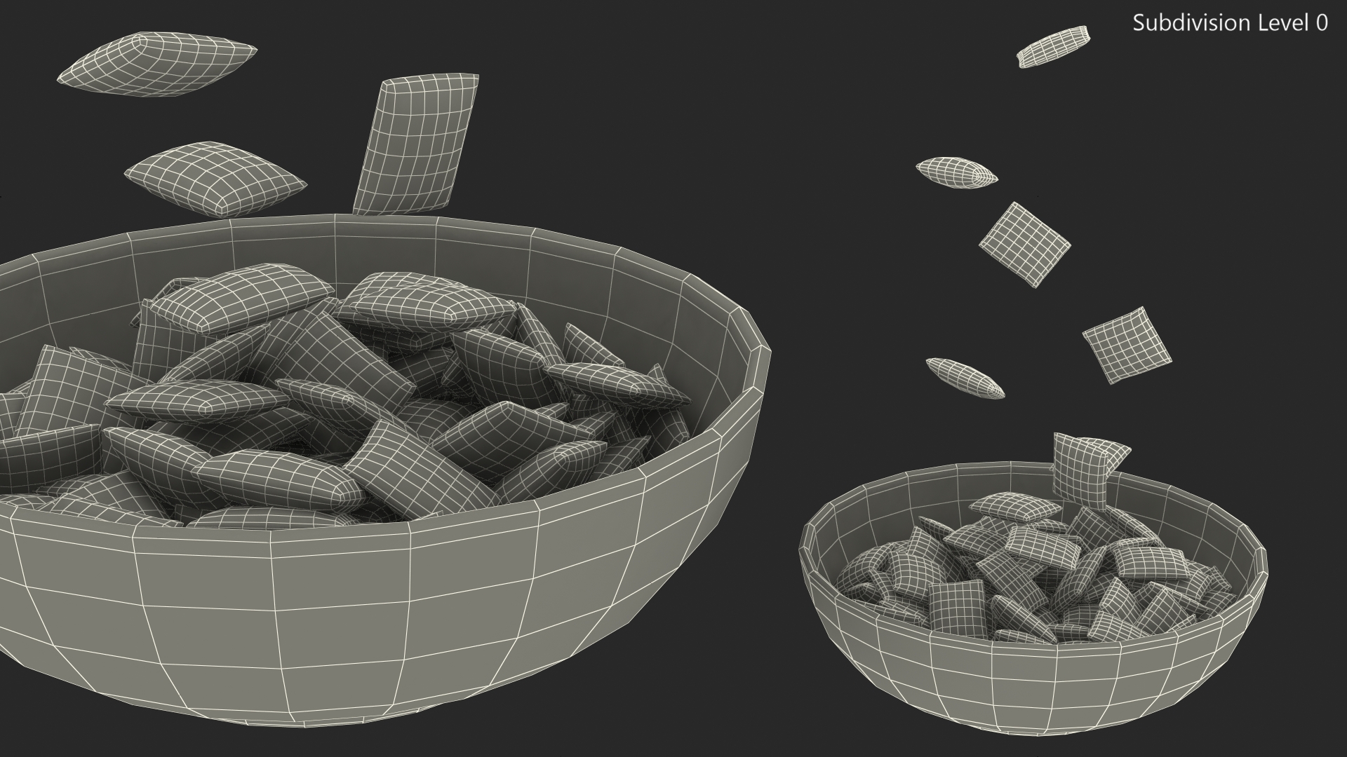 Chocolate Cereal Pillows Falling into Bowl 3D