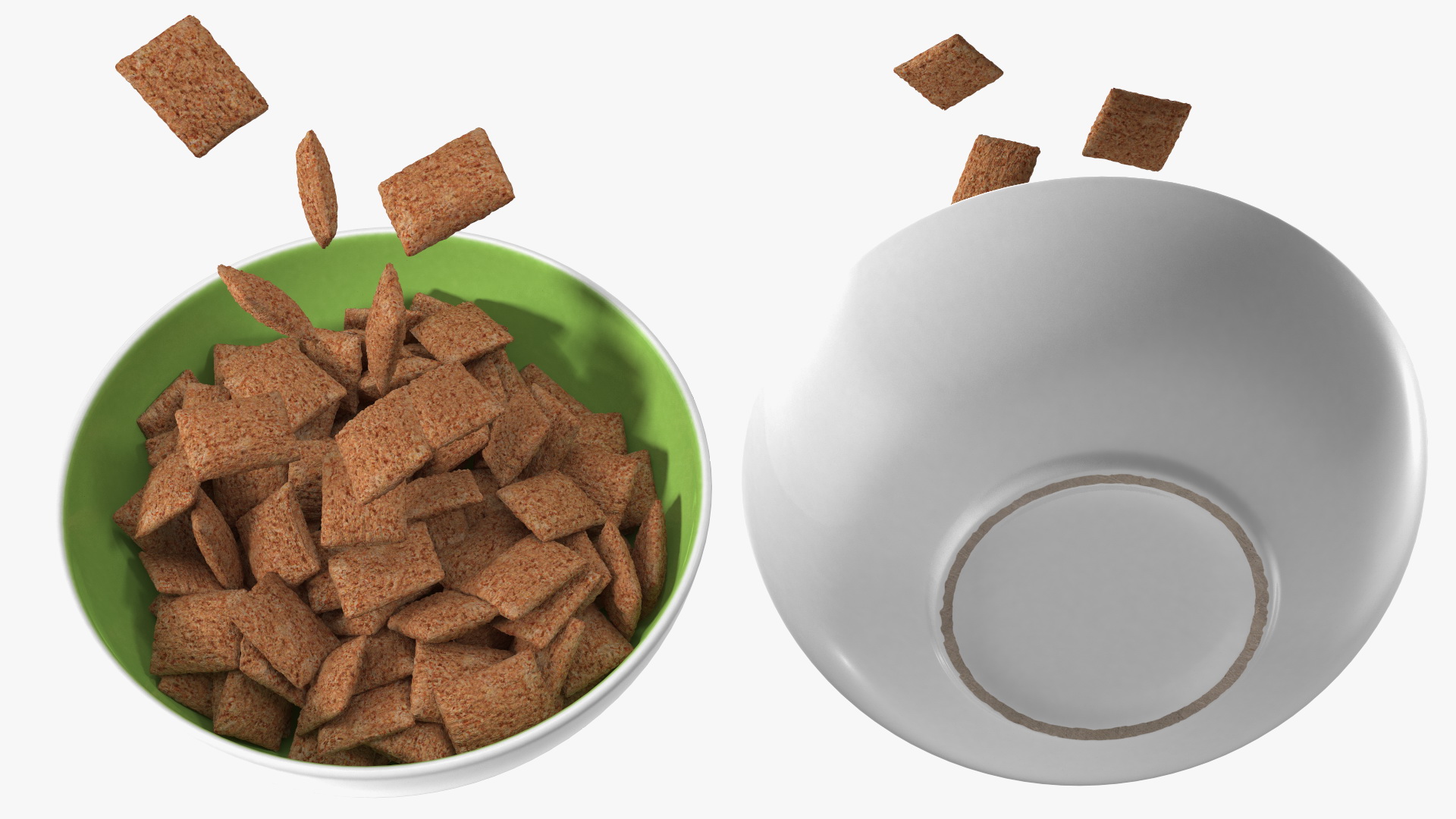 Chocolate Cereal Pillows Falling into Bowl 3D