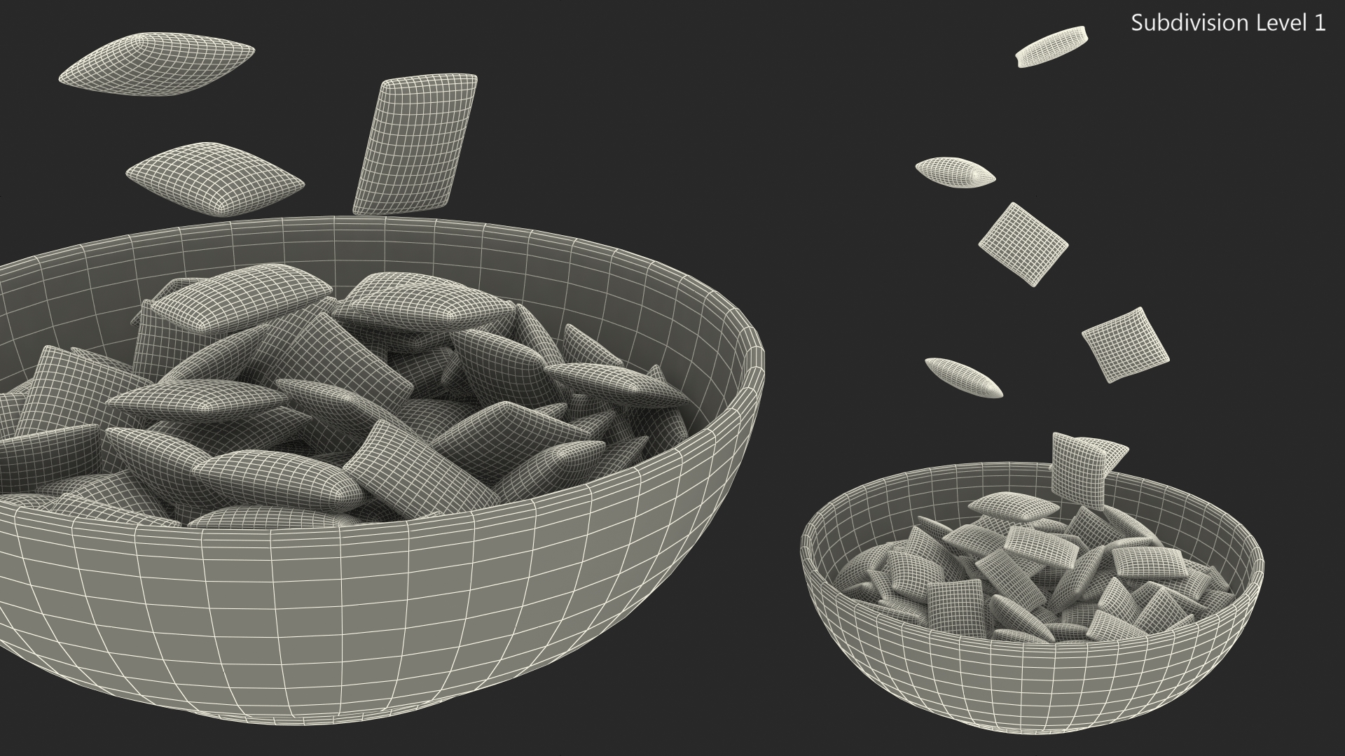 Chocolate Cereal Pillows Falling into Bowl 3D