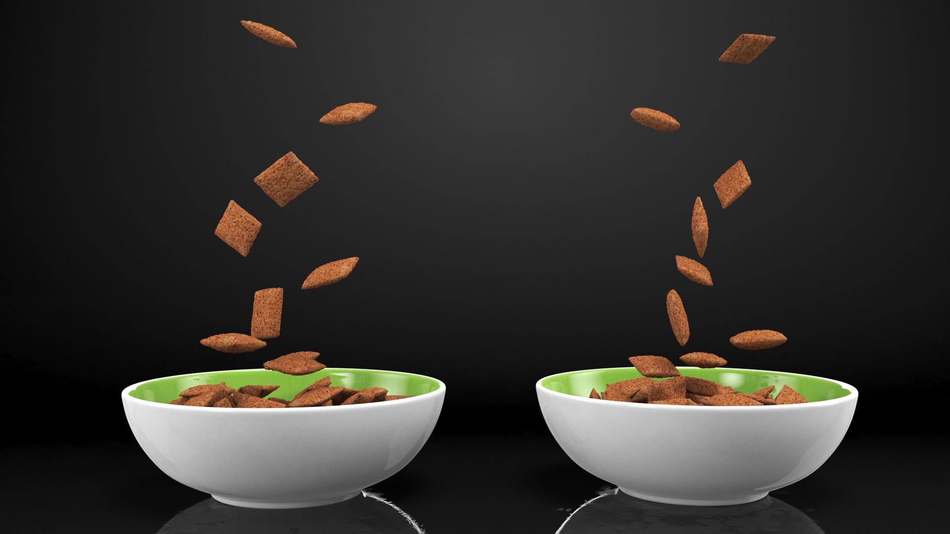 Chocolate Cereal Pillows Falling into Bowl 3D
