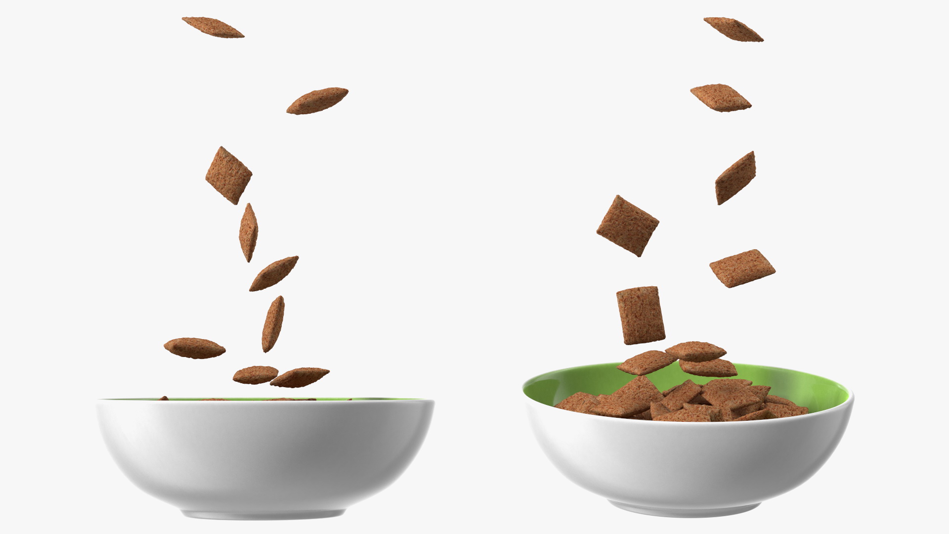 Chocolate Cereal Pillows Falling into Bowl 3D