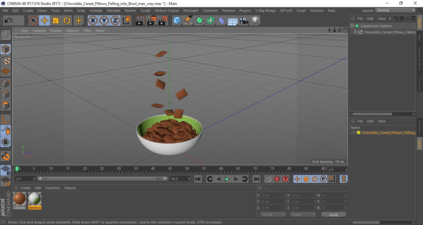 Chocolate Cereal Pillows Falling into Bowl 3D