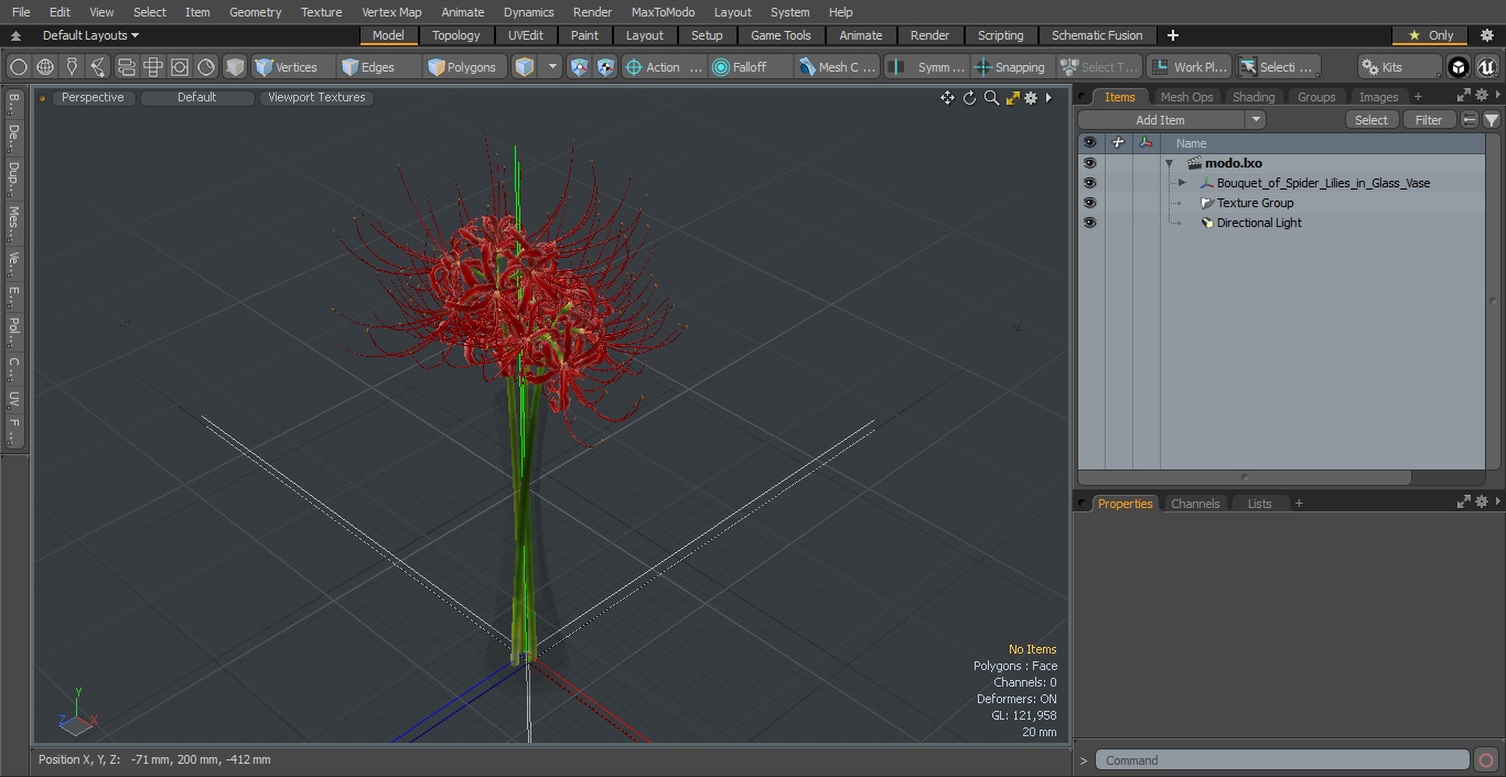 3D Bouquet of Spider Lilies in Glass Vase model