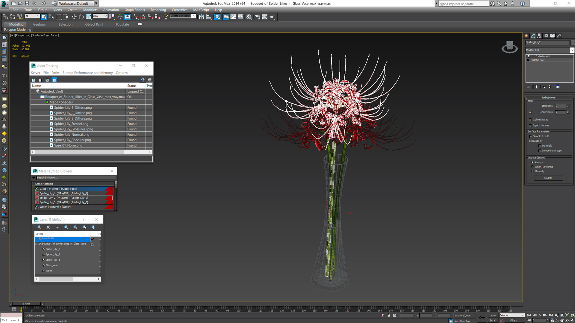 3D Bouquet of Spider Lilies in Glass Vase model