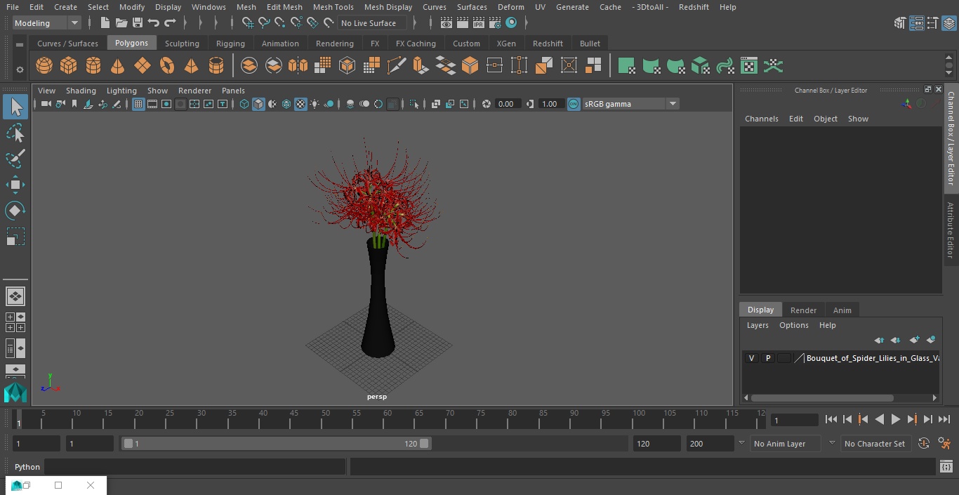 3D Bouquet of Spider Lilies in Glass Vase model