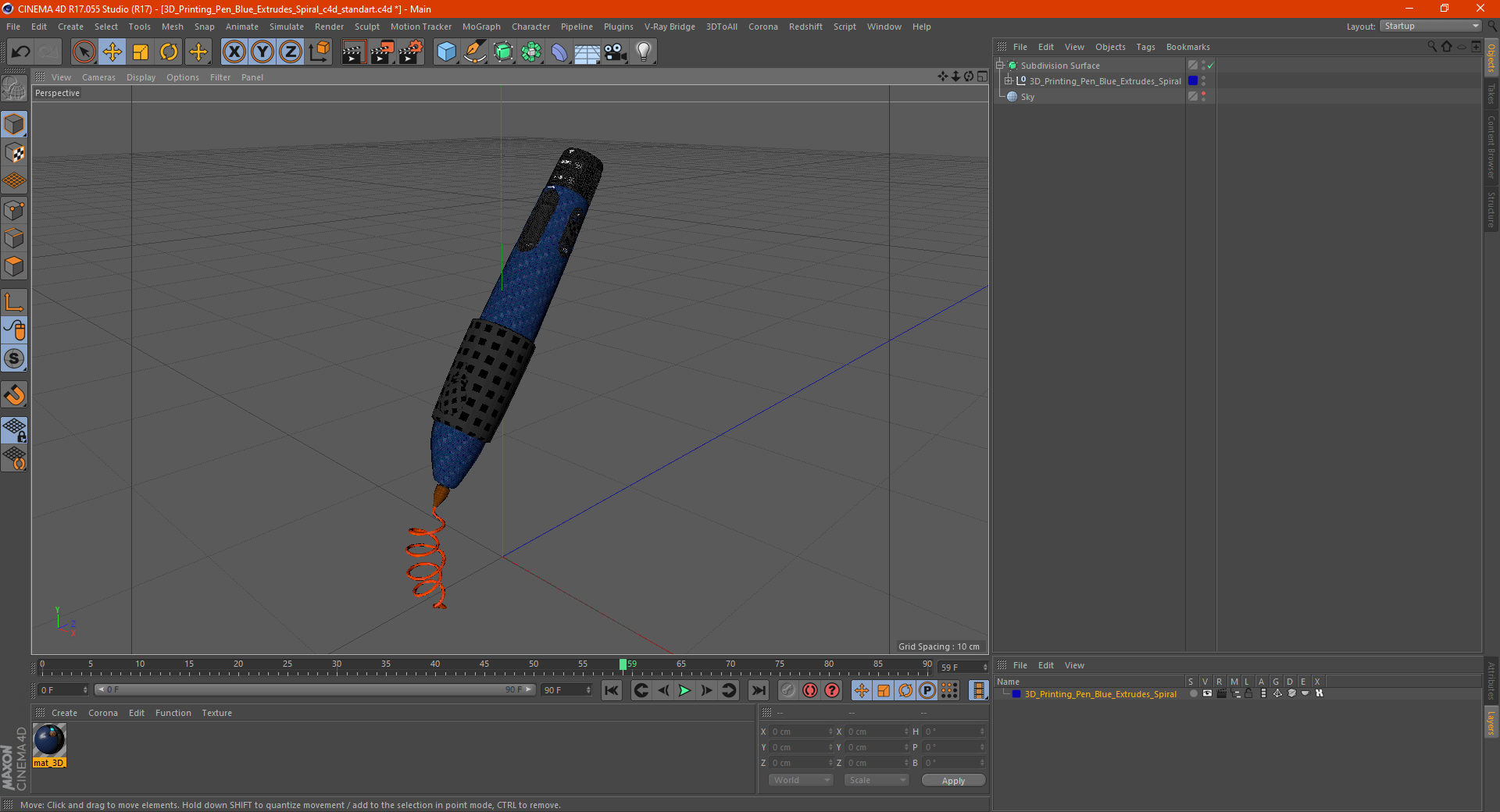 3D 3D Printing Pen Blue Extrudes Spiral