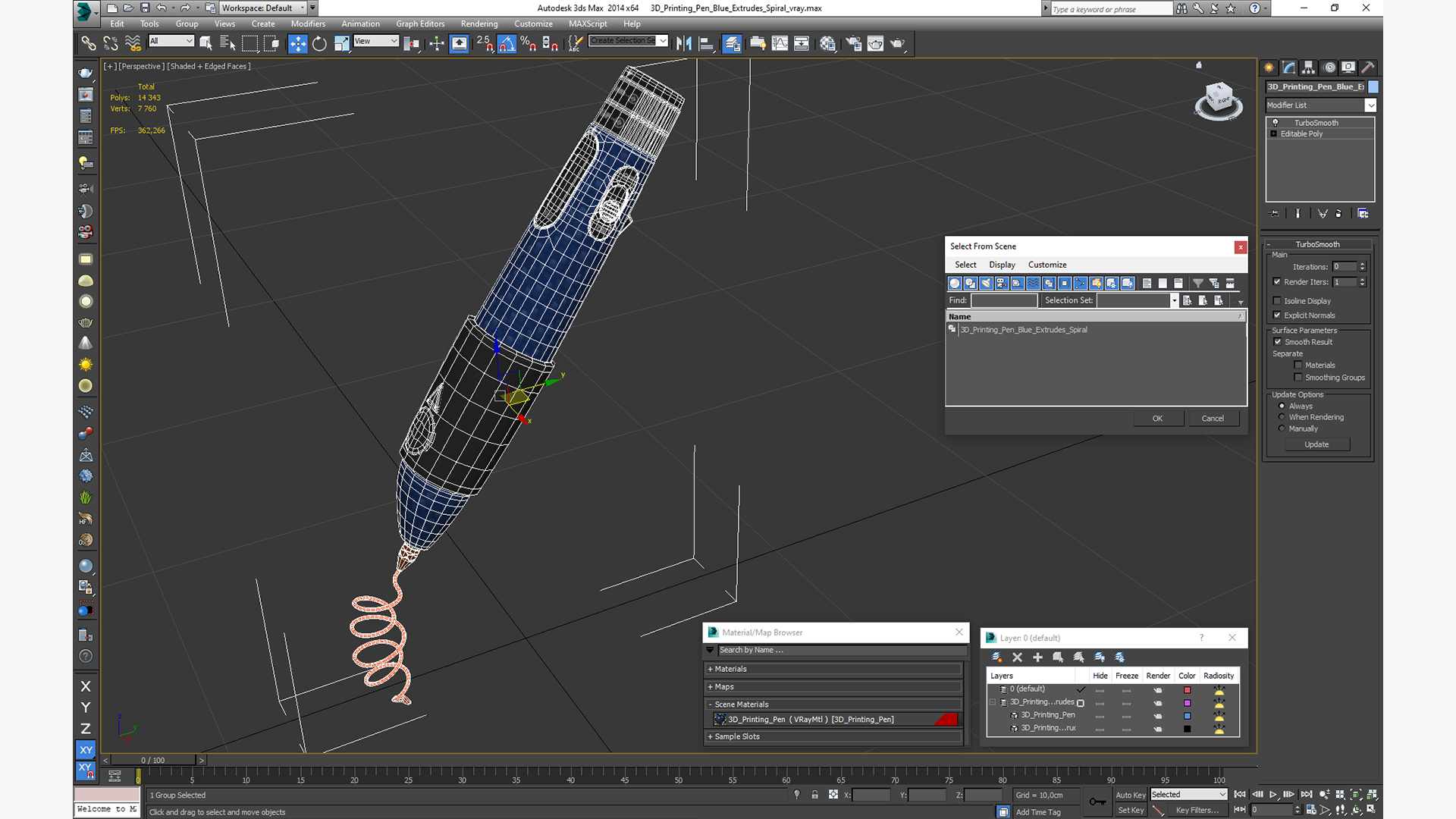 3D 3D Printing Pen Blue Extrudes Spiral