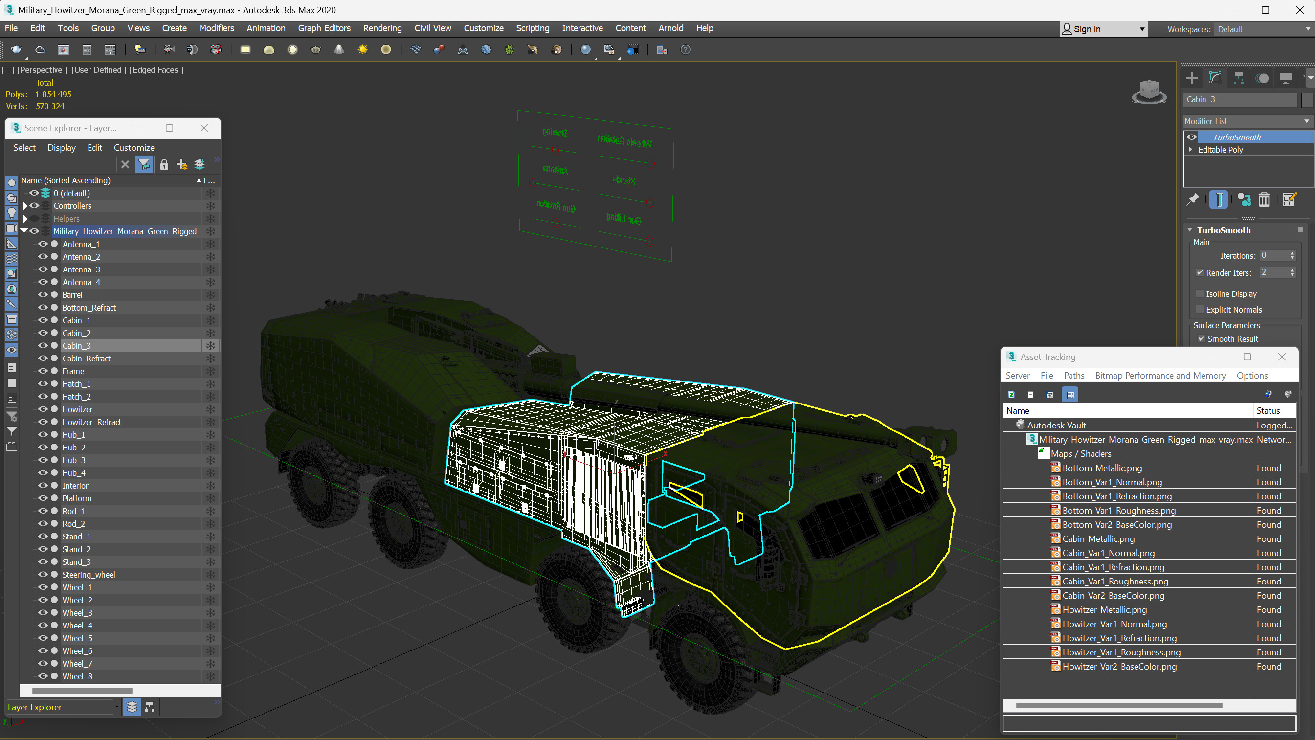 3D Military Howitzer Morana Green Rigged for Maya